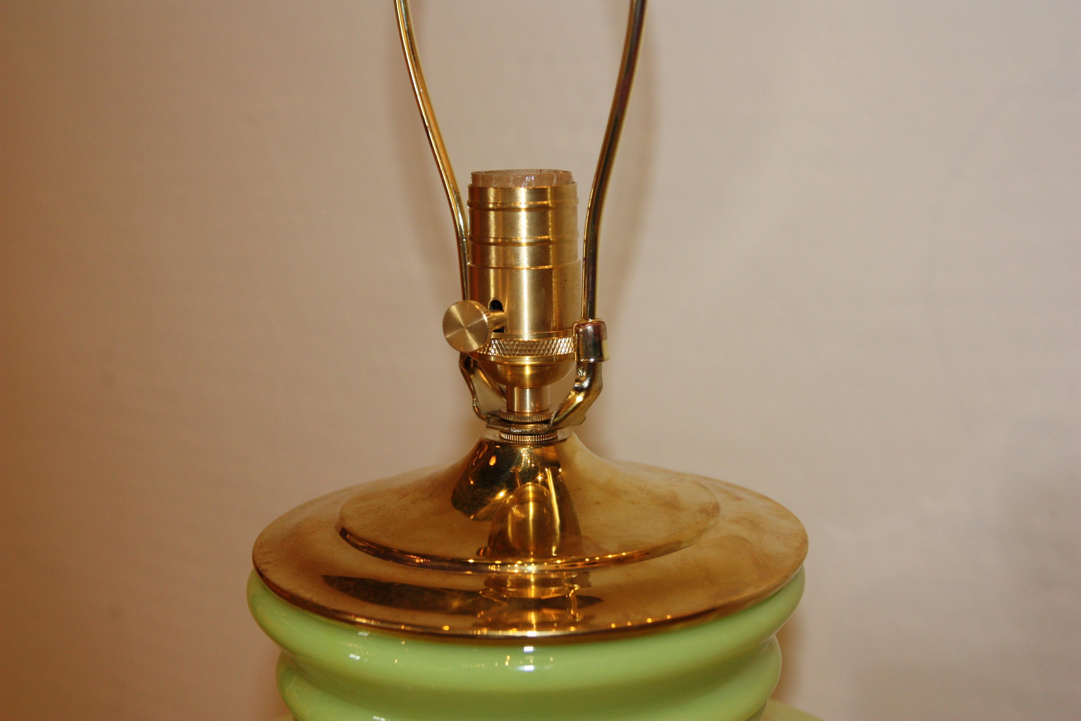 Porcelain Modern Green Lamp with Brass Accents For Sale