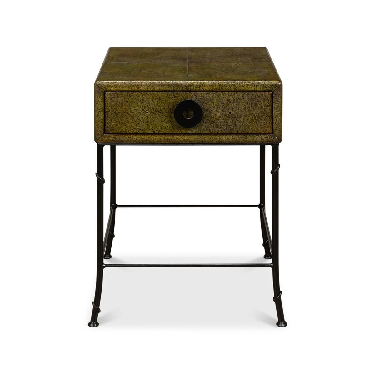 Leather Side Table, with a dark green leather wrapped case, dark iron natural base. 

Dimensions: 18