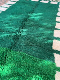 Modern Green Moroccan Wool Beni M'Rirt Rug with Checkered Border