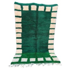 Modern Green Moroccan Wool Beni M'Rirt Rug with Checkered Border