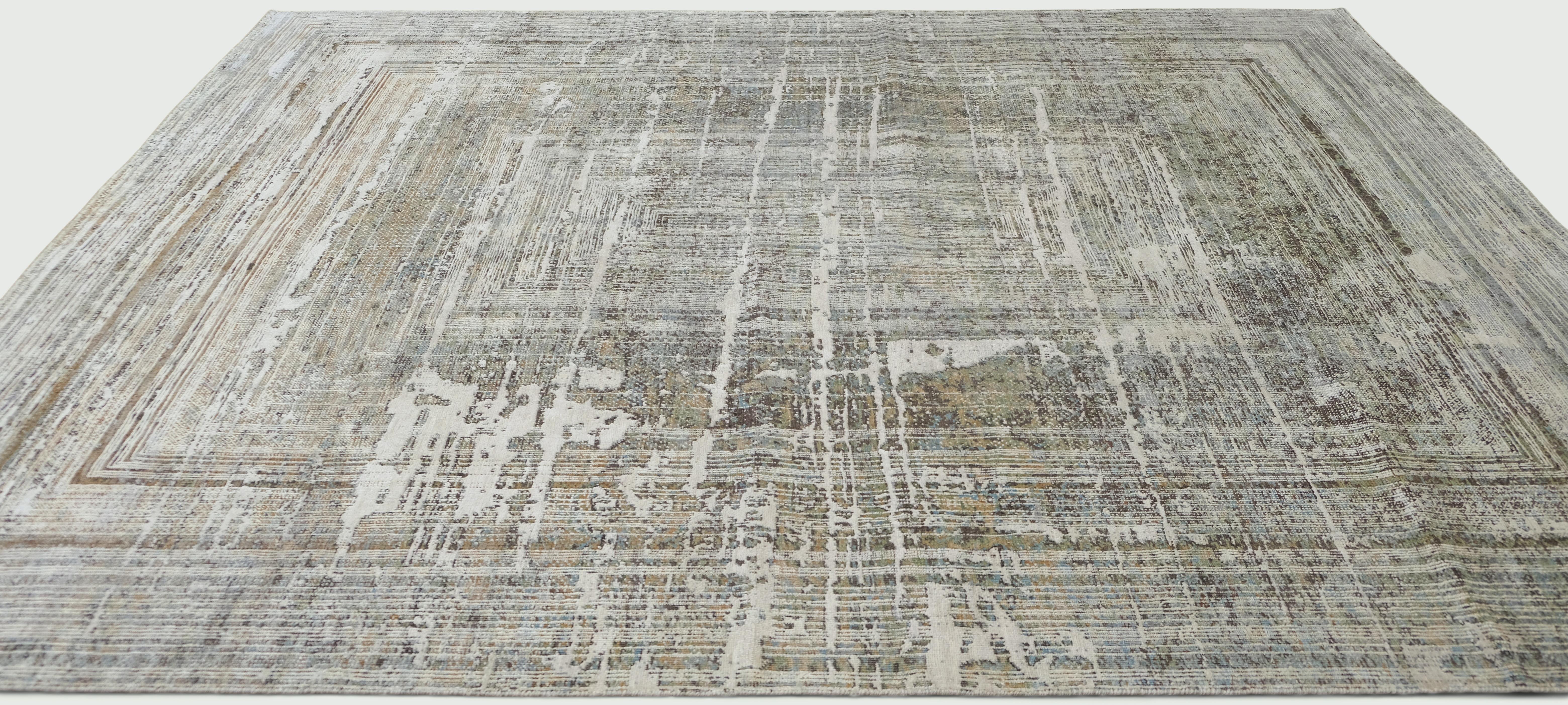 Asian Modern Green Multi Layered Wool and Silk Rug 7'7''x9'11'' For Sale