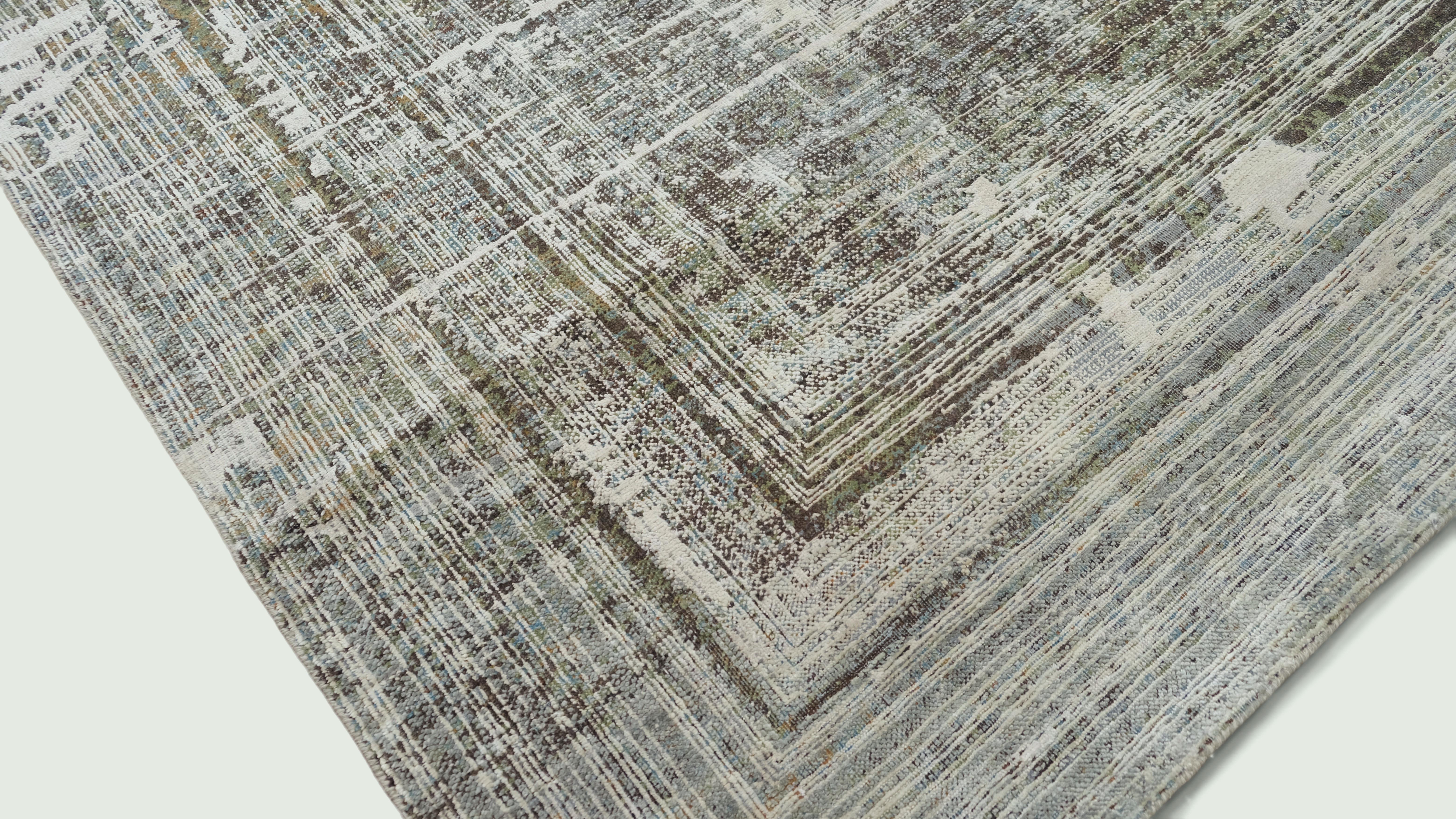 Hand-Knotted Modern Green Multi Layered Wool and Silk Rug 7'7''x9'11'' For Sale