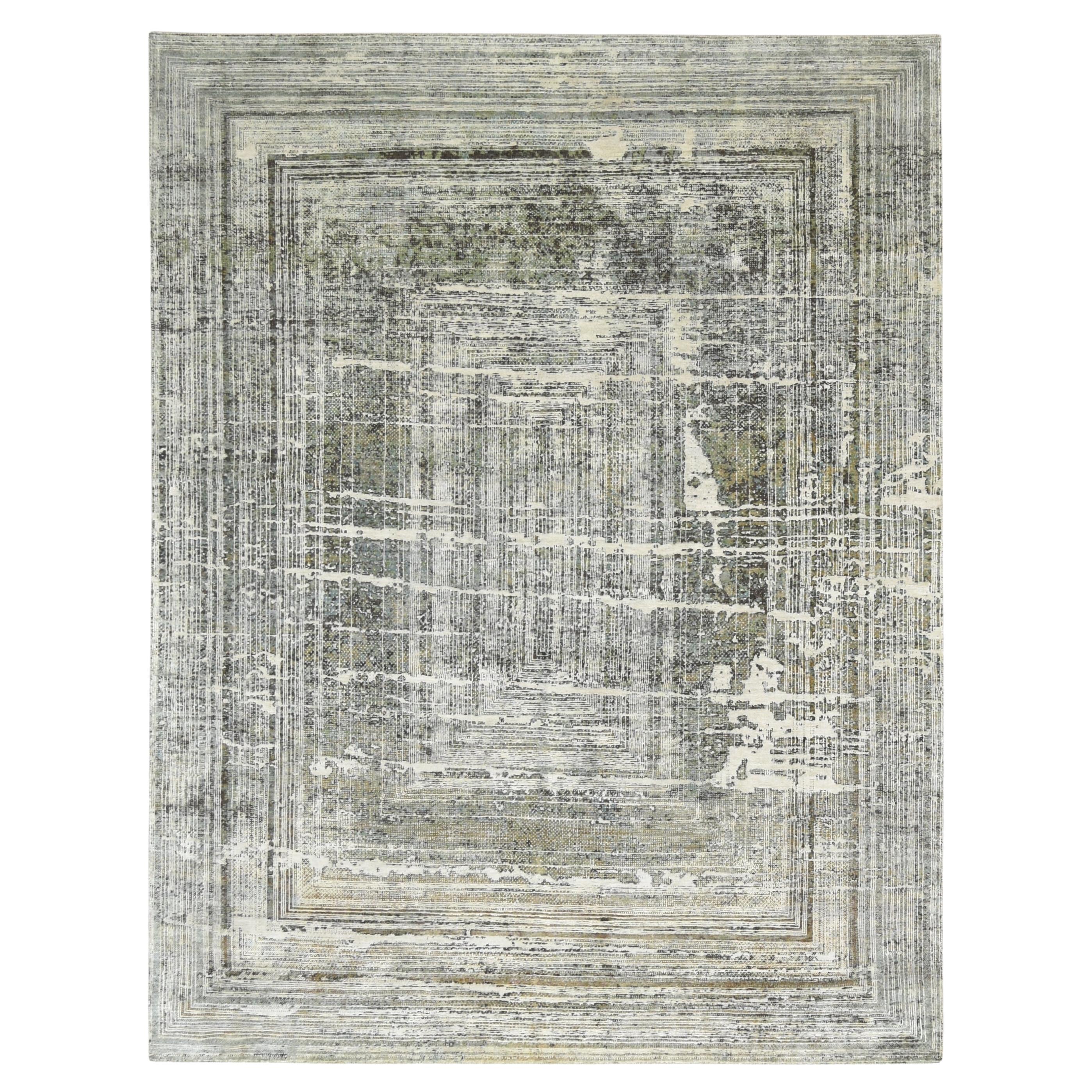 Modern Green Multi Layered Wool and Silk Rug 7'7''x9'11'' For Sale