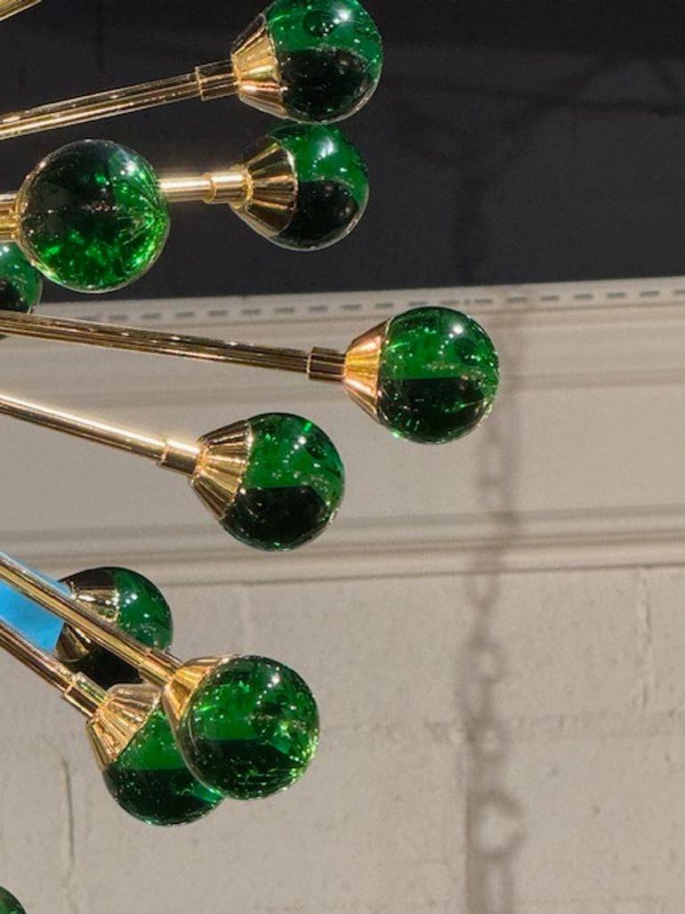 Contemporary Modern Green Murano Glass and Brass Sputnik Chandelier