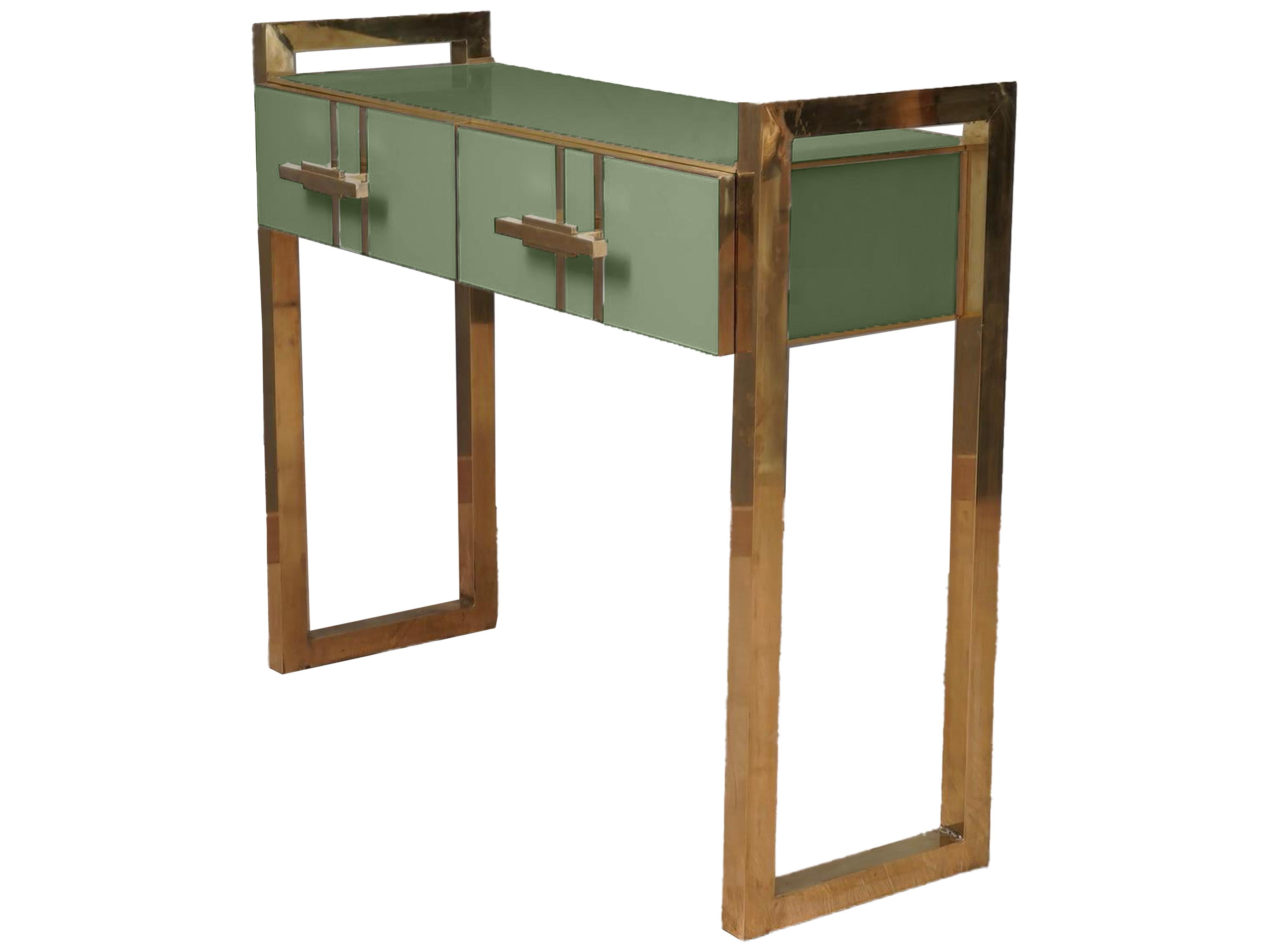Italian Modern Green Murano Glass Console with Brass Handles and Legs Available For Sale