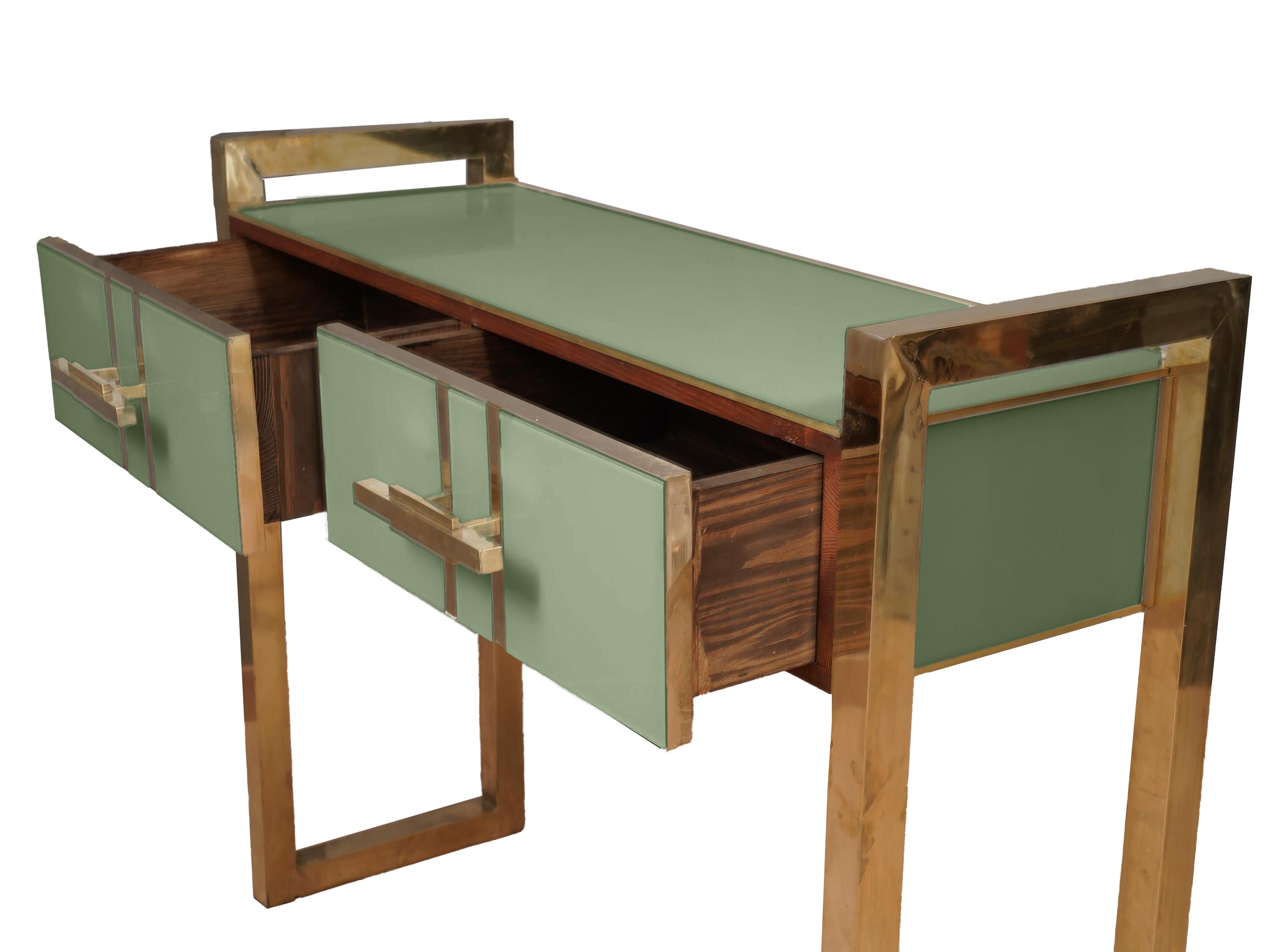 Beveled Modern Green Murano Glass Console with Brass Handles and Legs Available For Sale