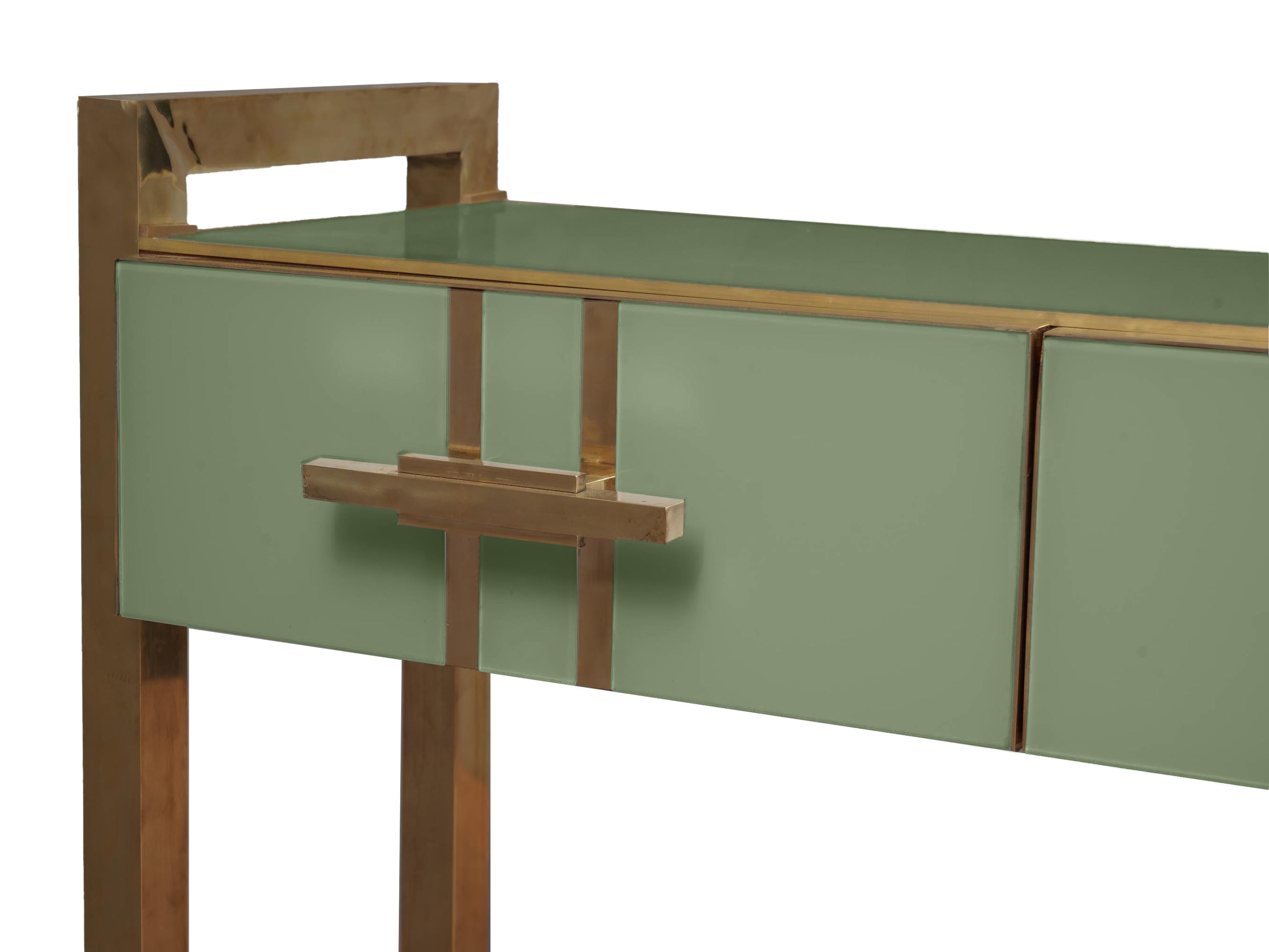 Woodwork Green Murano Glass Console with Brass Handles and Legs justfurnituress designer For Sale