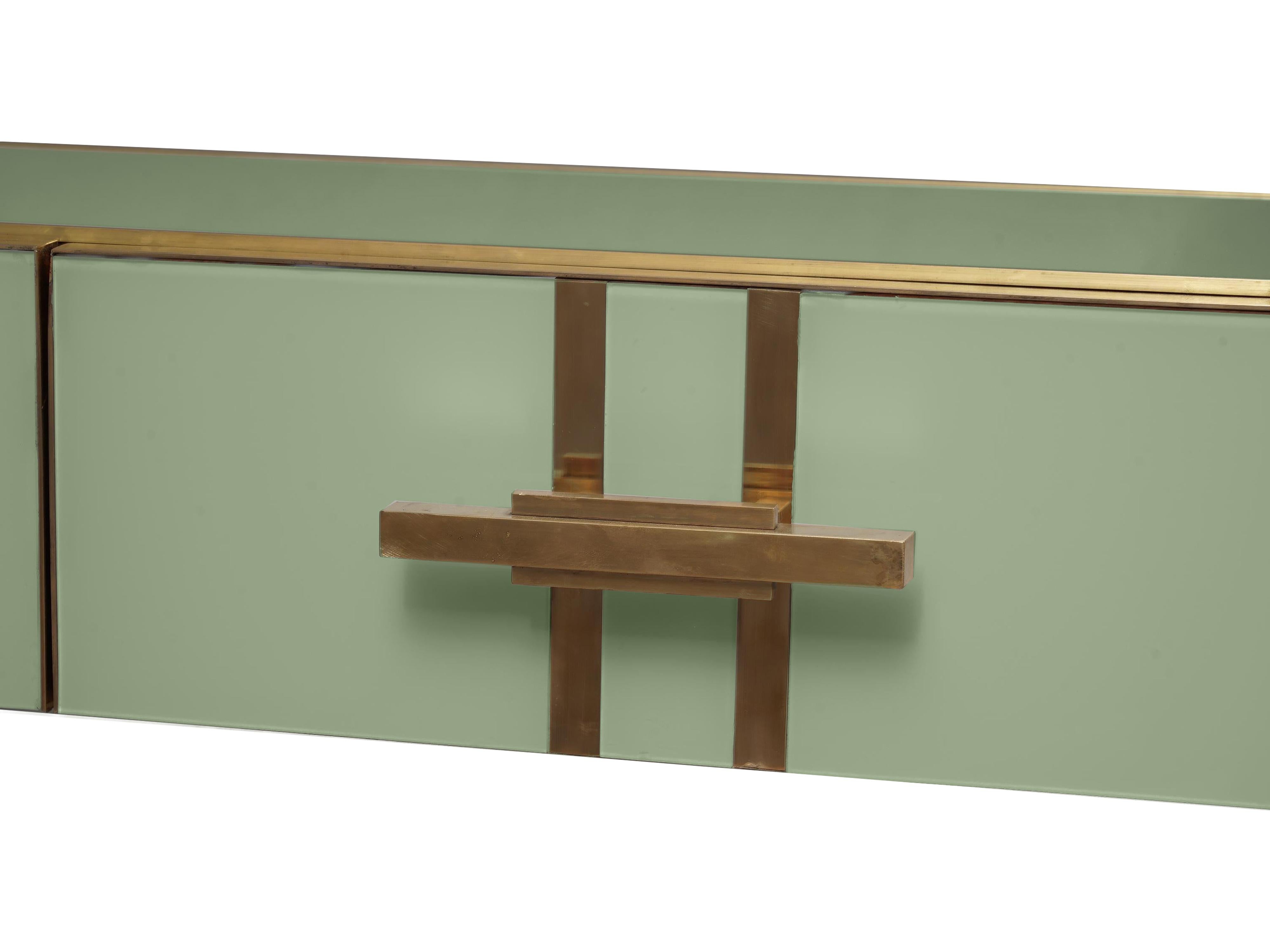 Contemporary Modern Green Murano Glass Console with Brass Handles and Legs Available For Sale