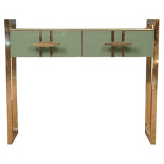 Modern Green Murano Glass Console with Brass Handles and Legs Available