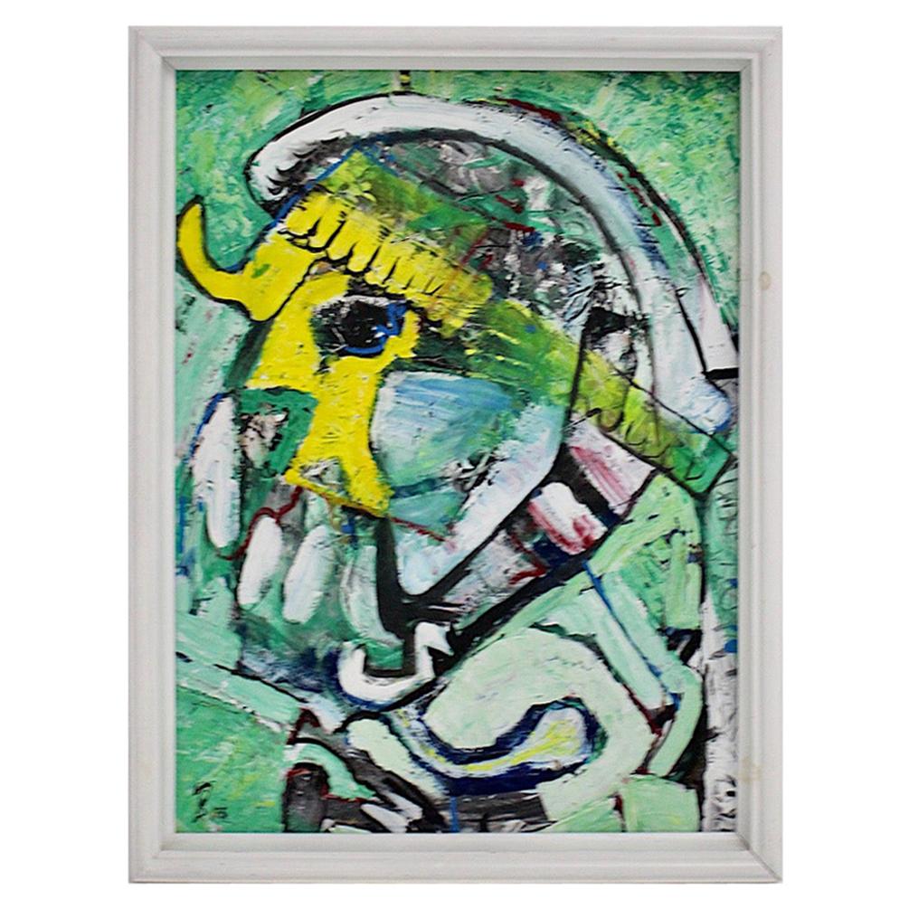 Modern green oil on fibreboard painting executed in Austria 1993.
This modern interpretation from an ancient Roman soldier was dated 1993. The composition in green and yellow color is also signed at the corner, but not readable. A simple white