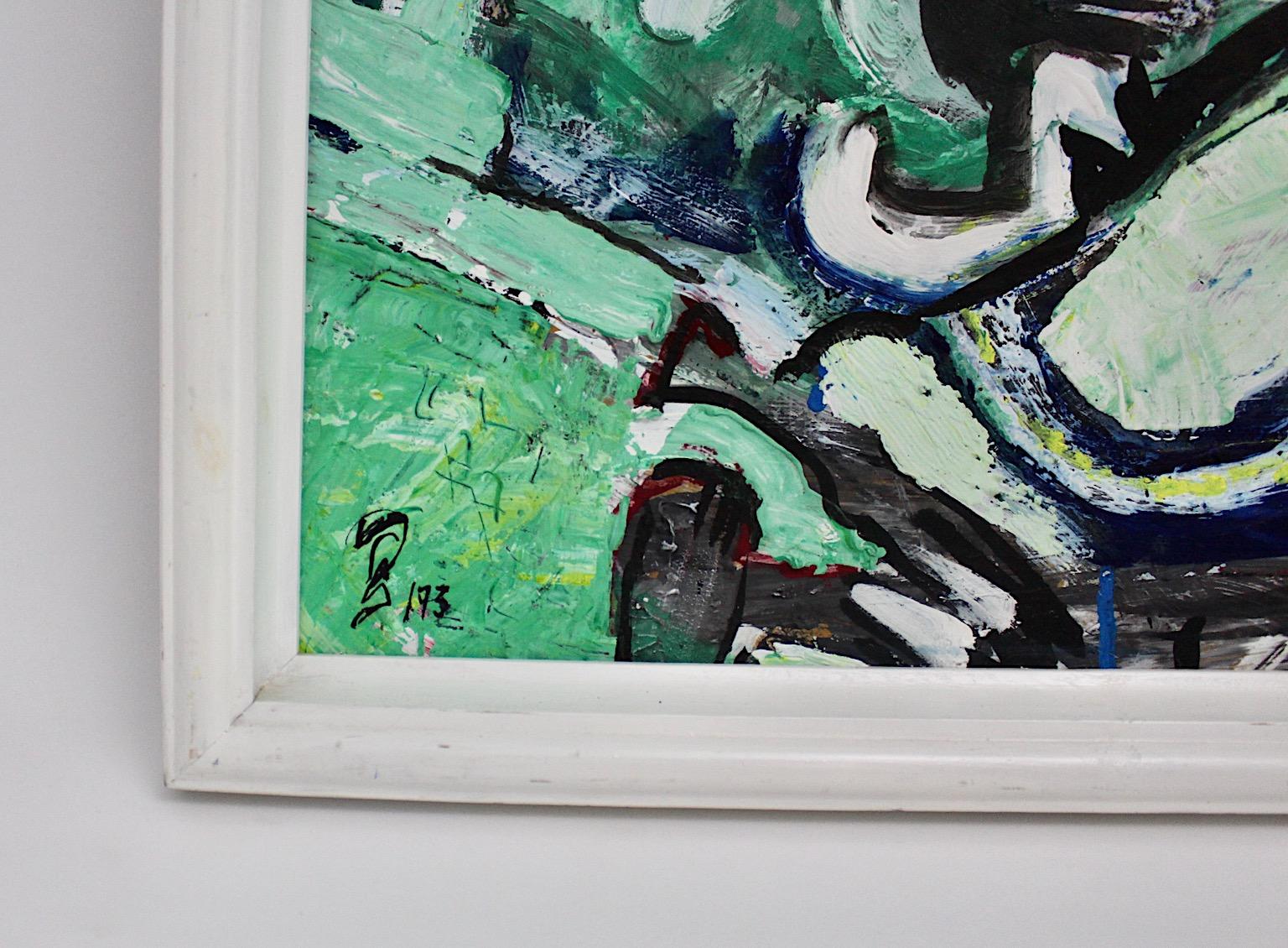 Late 20th Century Modern Green Oil Fibreboard Painting, Austria, 1993 For Sale