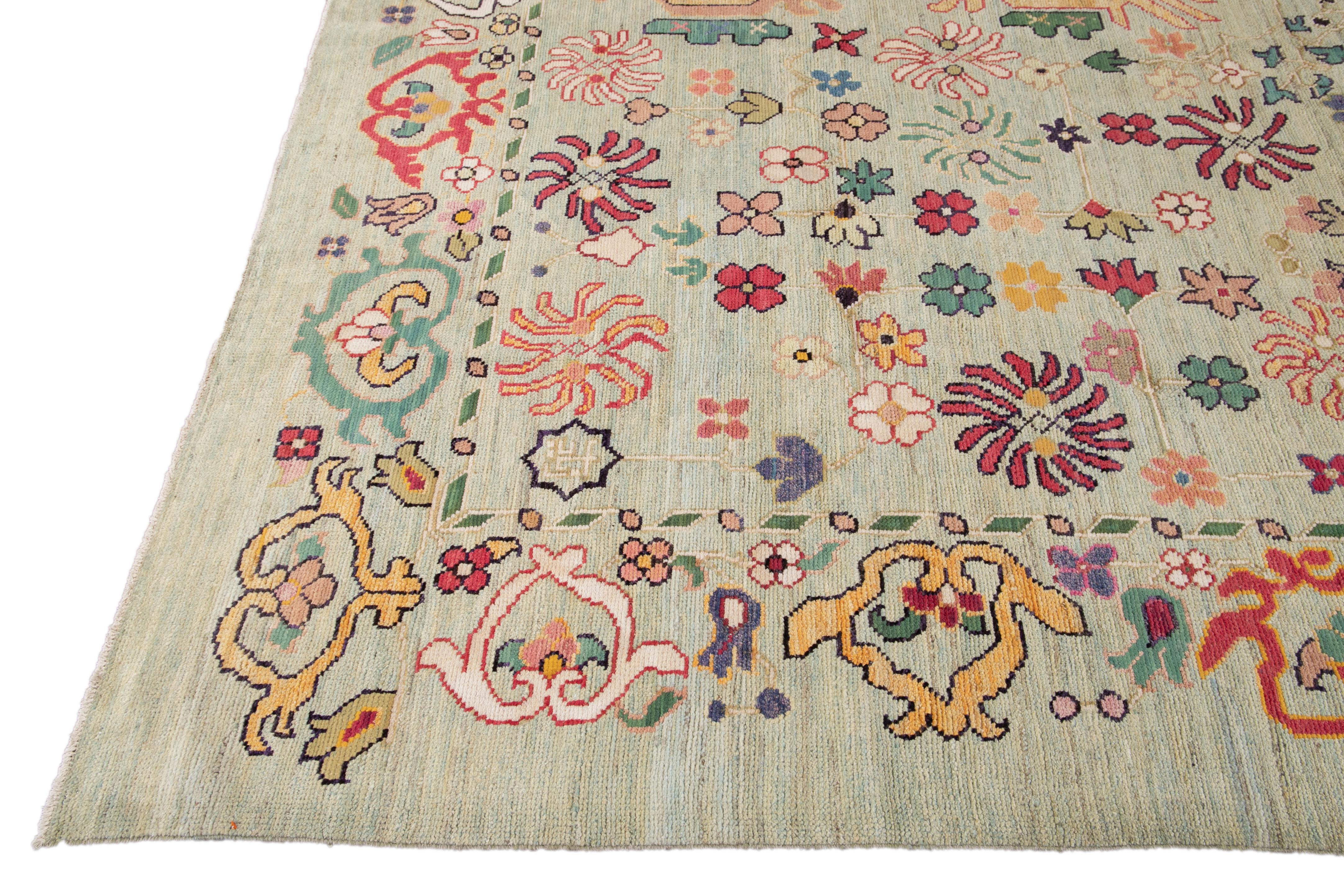 Hand-Knotted Modern Green Oushak Handmade Wool Rug For Sale