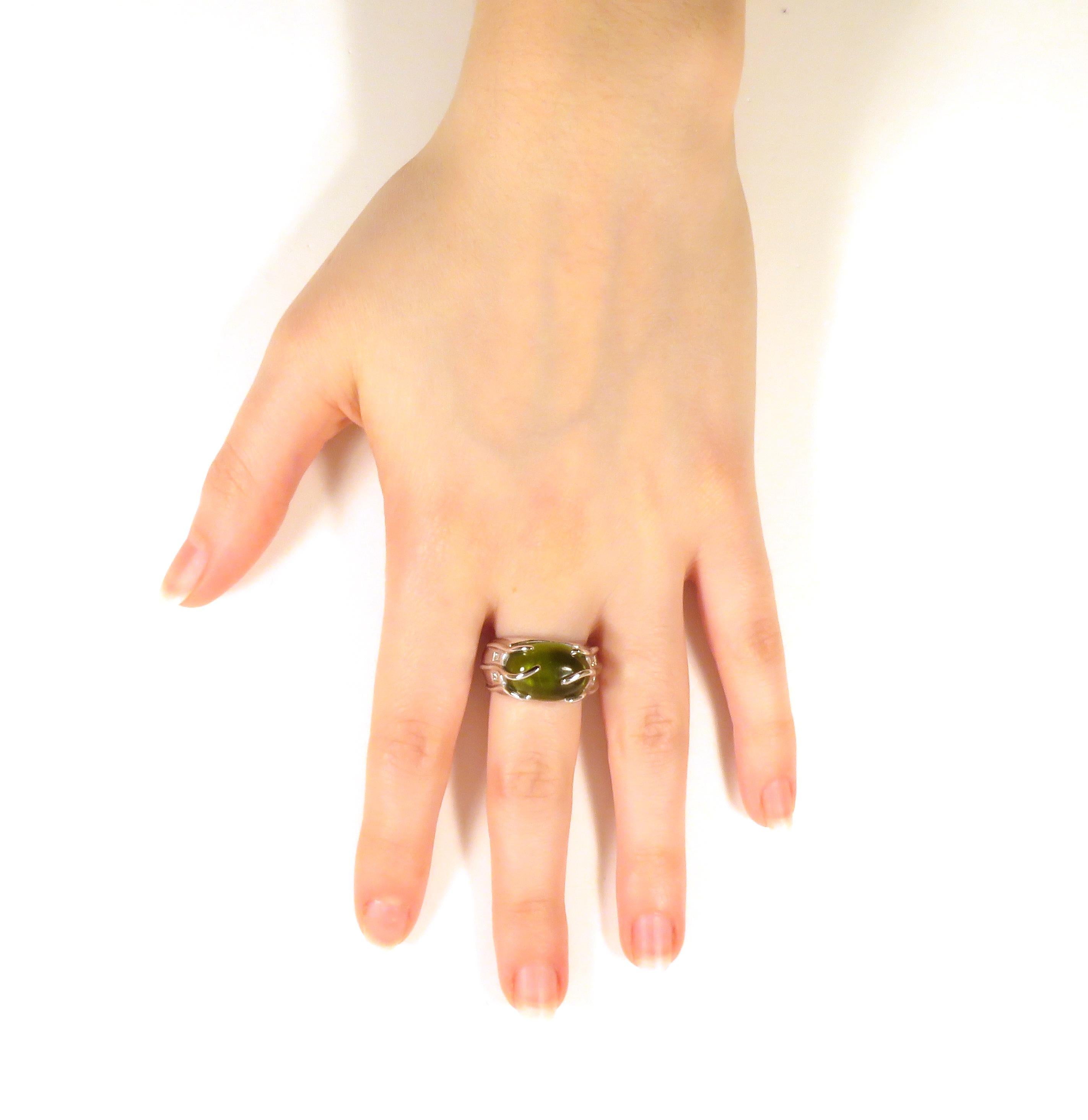 Modern Green Peridot Diamonds White Gold Cocktail Ring Handcrafted in Italy