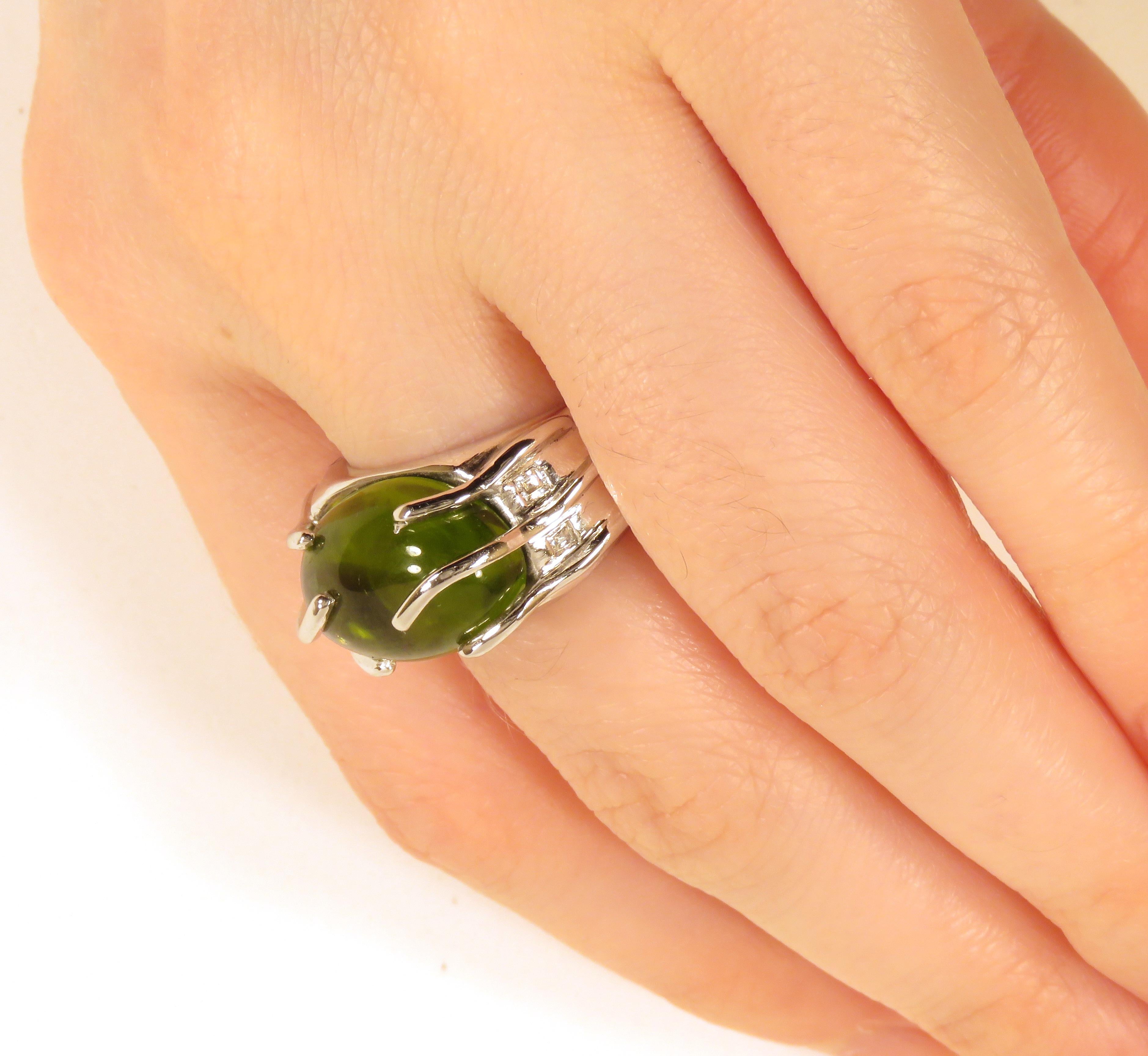 Women's Green Peridot Diamonds White Gold Cocktail Ring Handcrafted in Italy