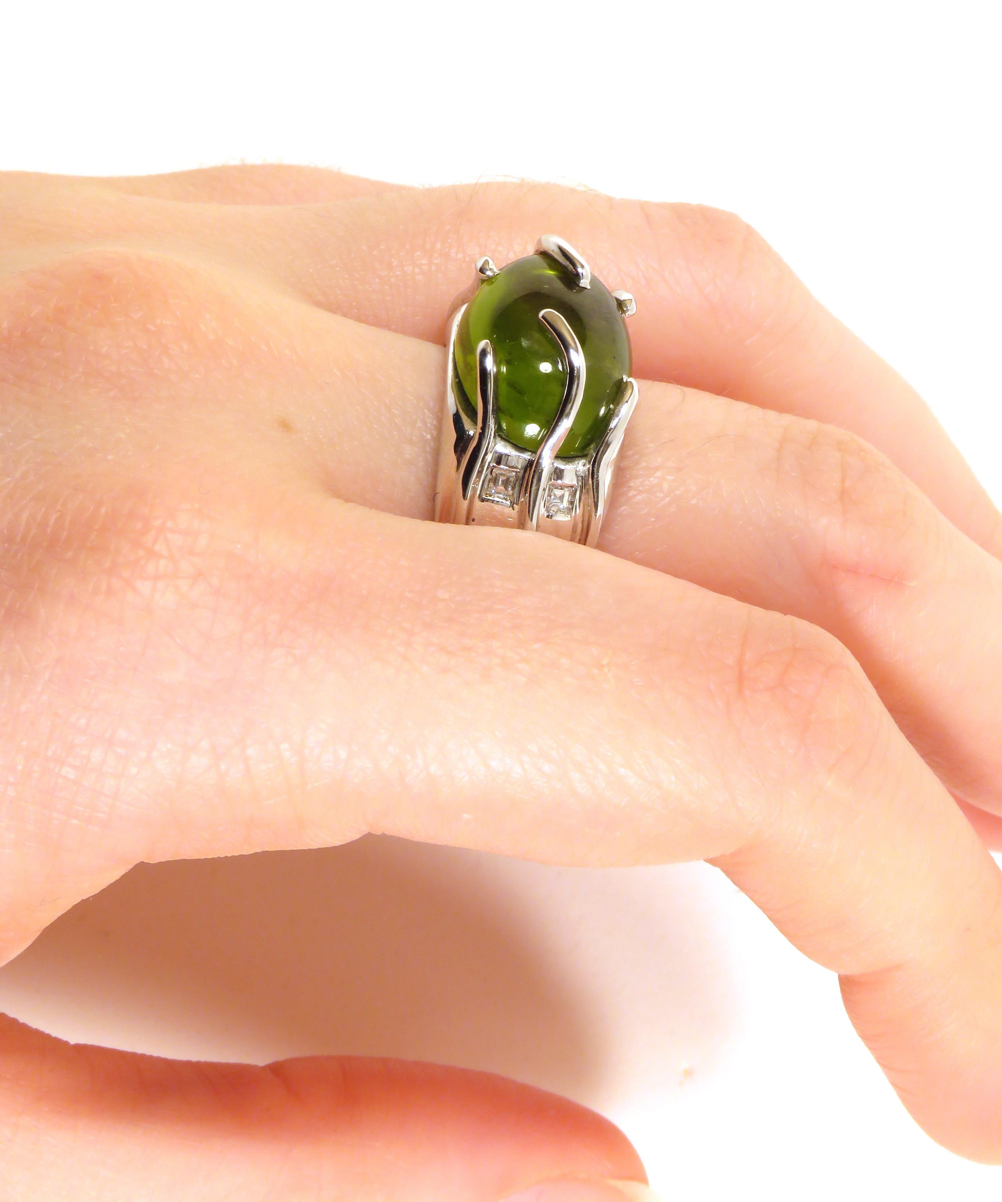 Green Peridot Diamonds White Gold Cocktail Ring Handcrafted in Italy 1