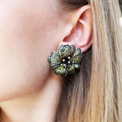 Modern Green to Yellow Sapphire, Diamond and Gold Rose Flower Earrings