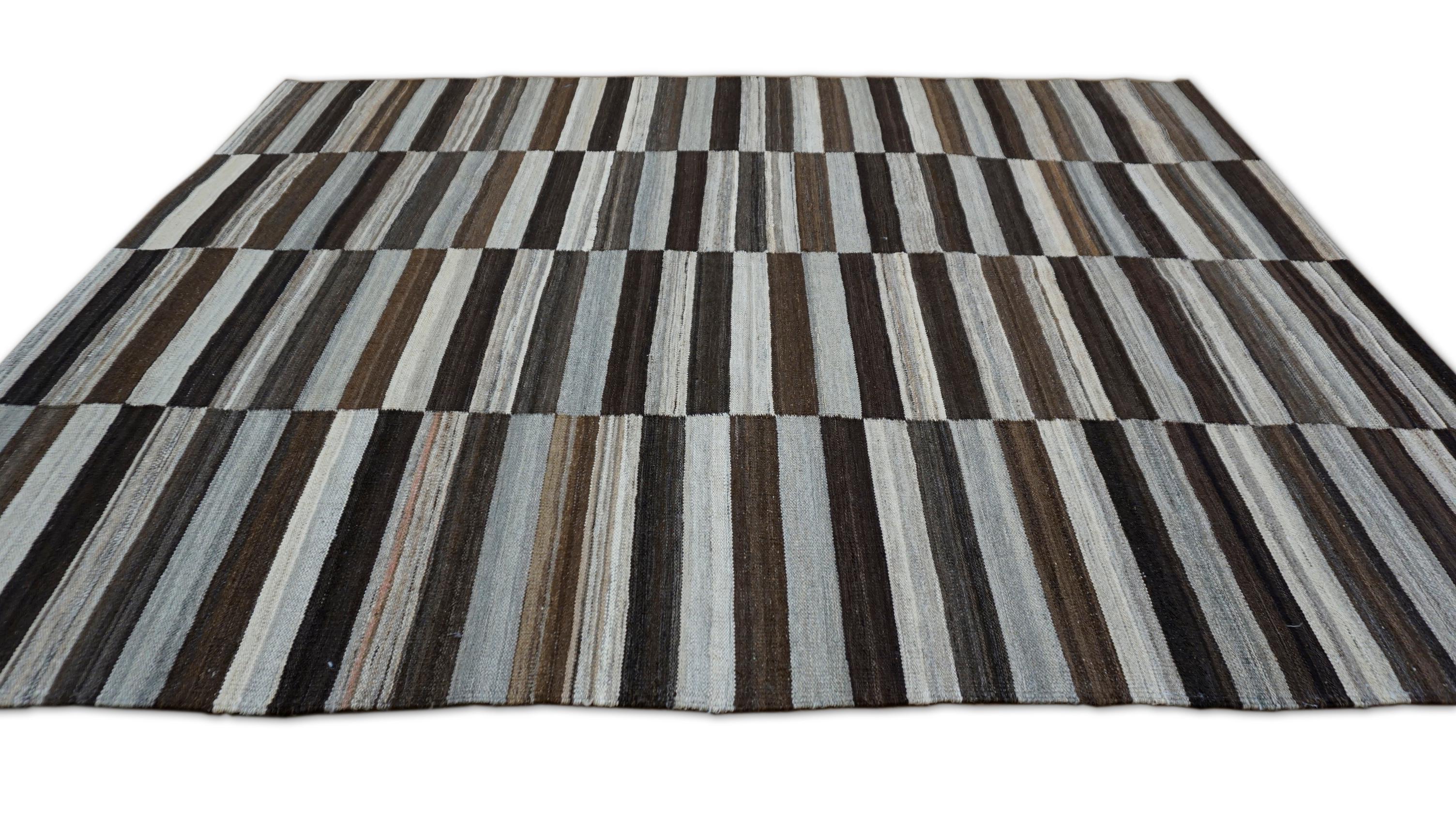 Hand-Woven Modern Grey Brown Mazandaran Style Wool Kilim 5'10''x7'8'' For Sale