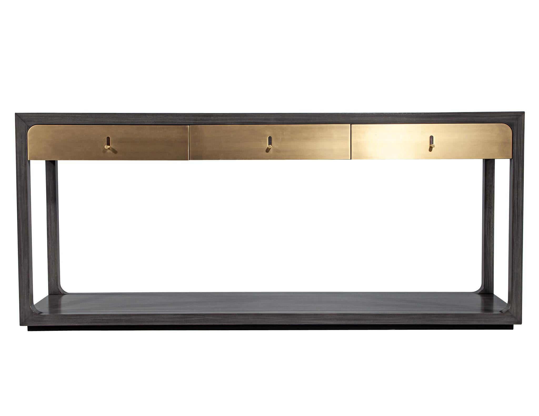 Modern Grey Console with Brass Drawers Fulton Console by Joseph Jeup For Sale 4