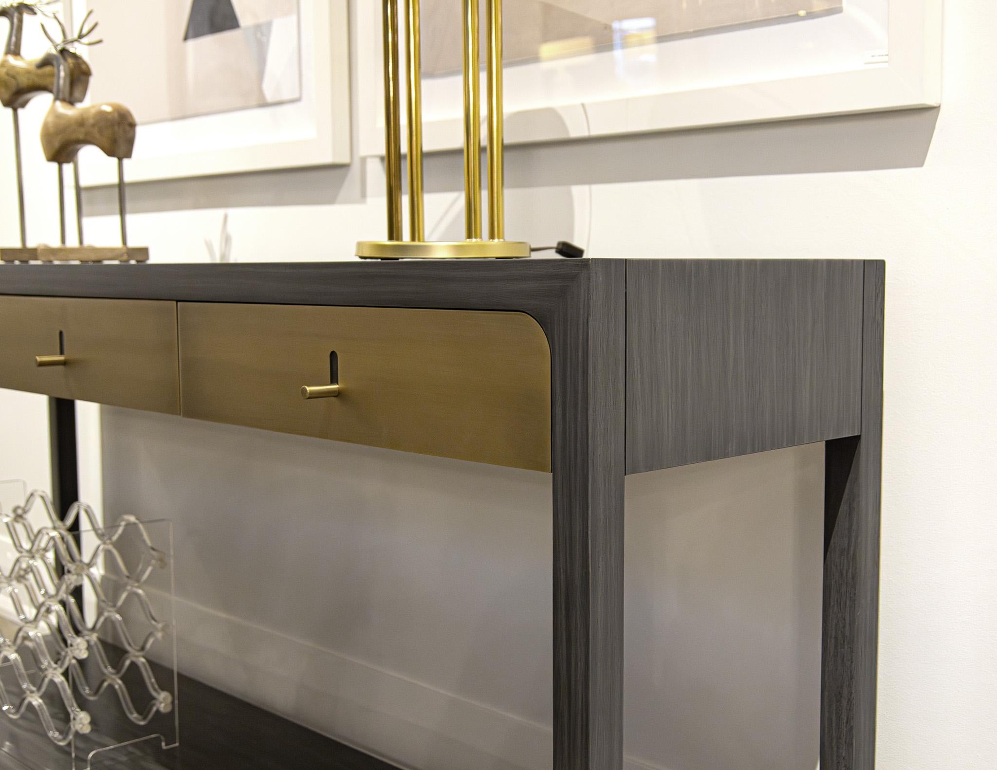Hand-Crafted Modern Grey Console with Brass Drawers Fulton Console by Joseph Jeup For Sale