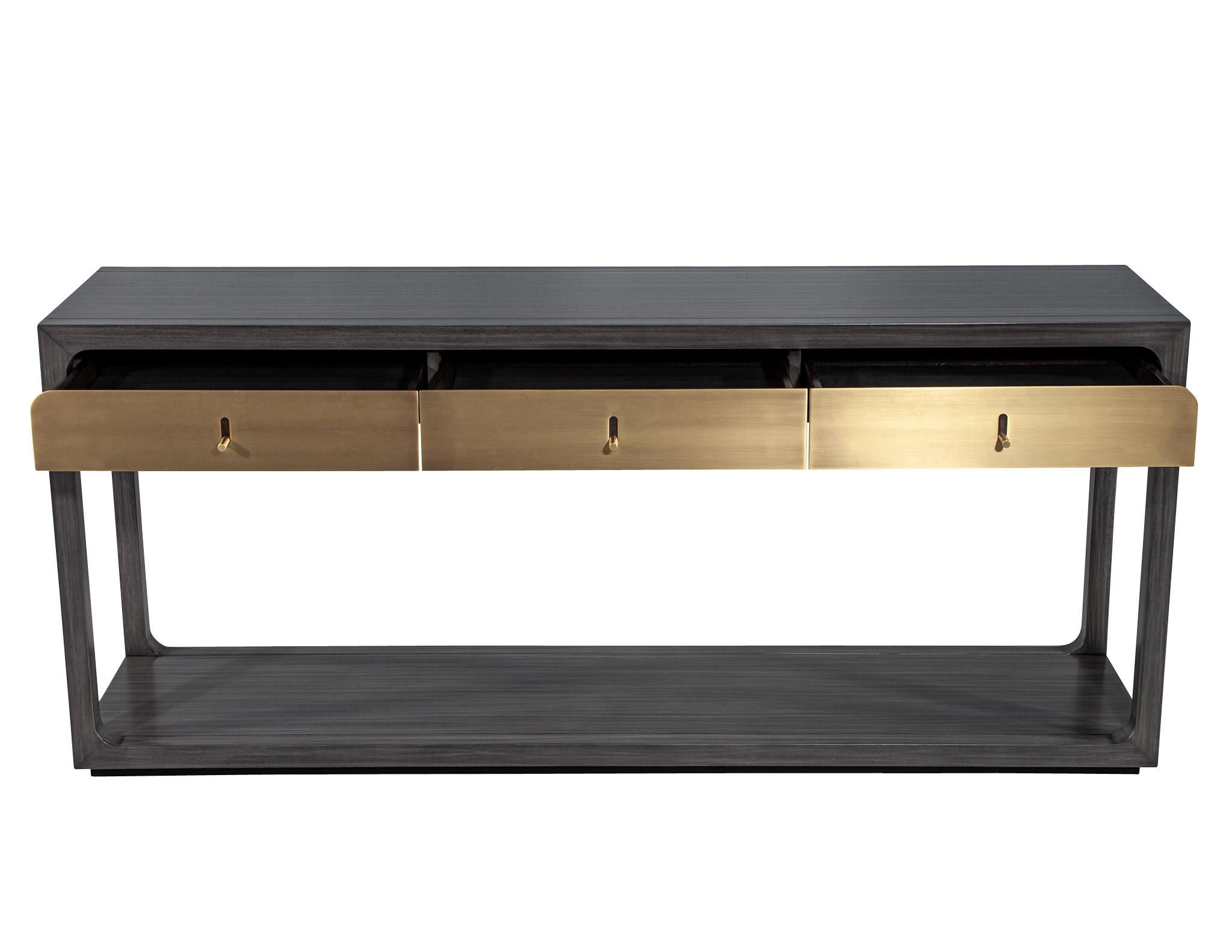 Modern Grey Console with Brass Drawers Fulton Console by Joseph Jeup In Good Condition For Sale In North York, ON