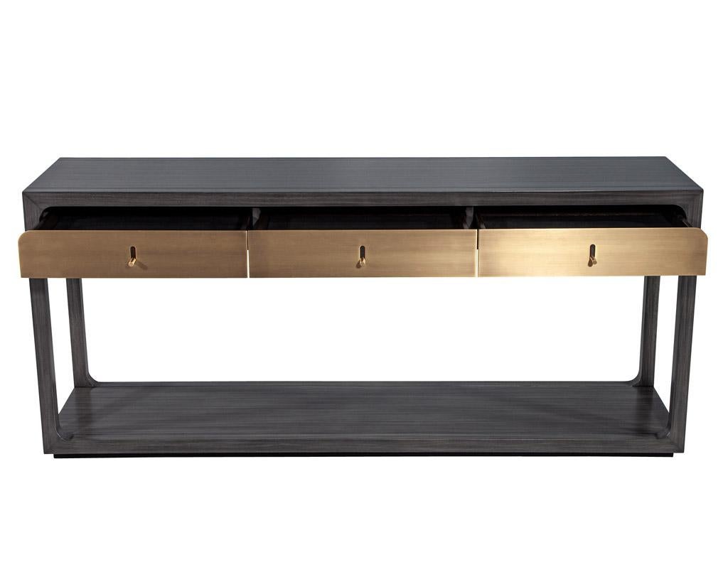 Contemporary Modern Grey Console with Brass Drawers Fulton Console by Joseph Jeup For Sale