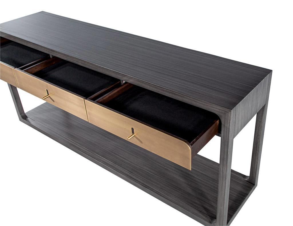 Contemporary Modern Grey Console with Brass Drawers Fulton Console by Joseph Jeup For Sale