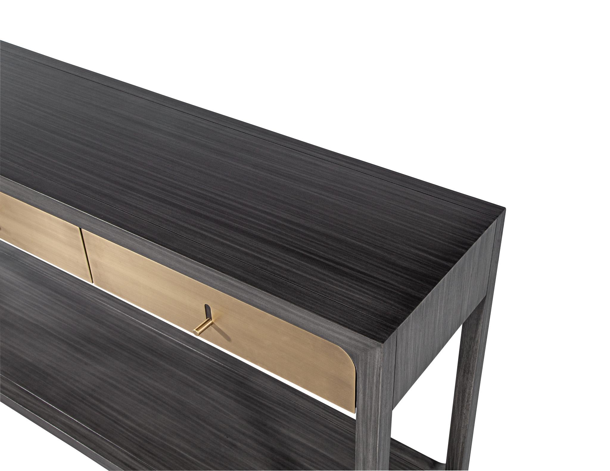 Modern Grey Console with Brass Drawers Fulton Console by Joseph Jeup For Sale 1