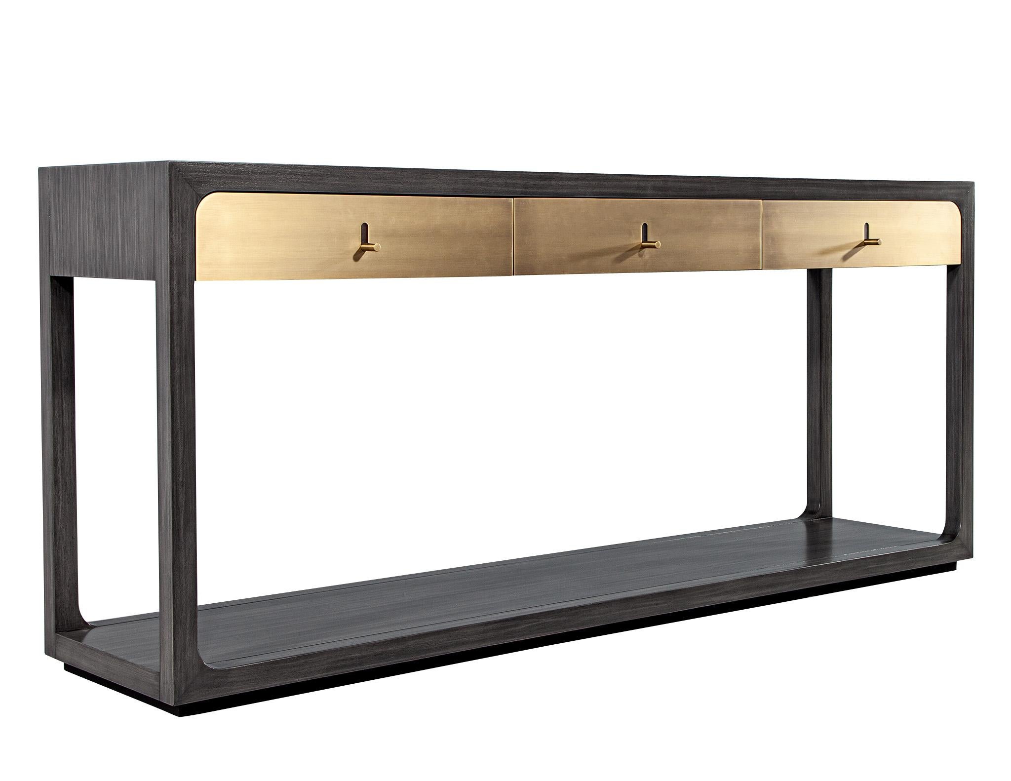 Modern Grey Console with Brass Drawers Fulton Console by Joseph Jeup For Sale 3