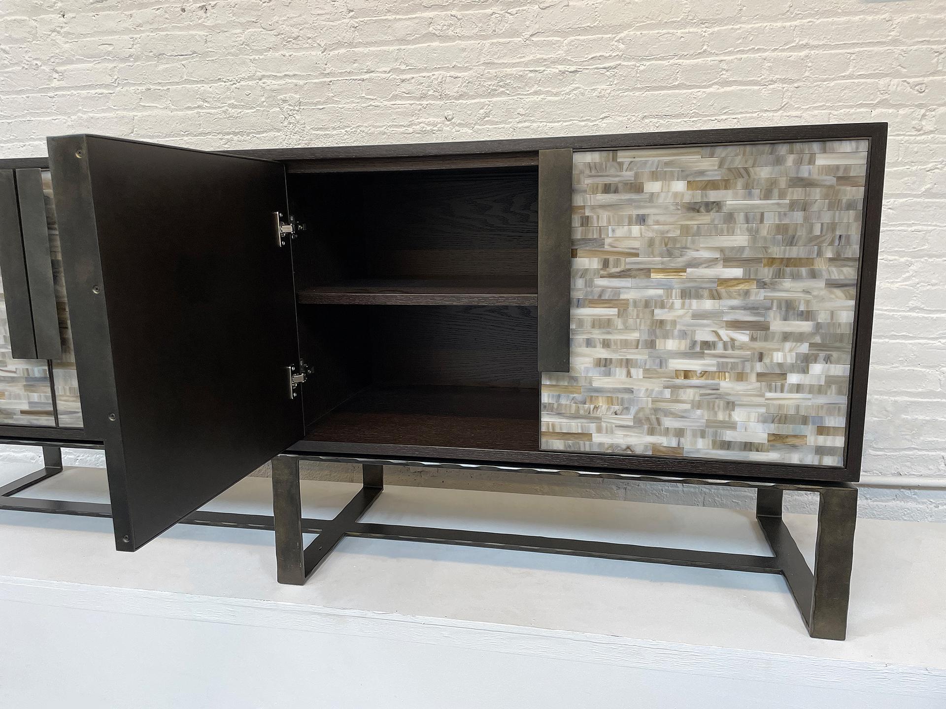 Mosaic Modern Grey Glass and Wood Media Center with Forged Metal Base by Ercole Home For Sale