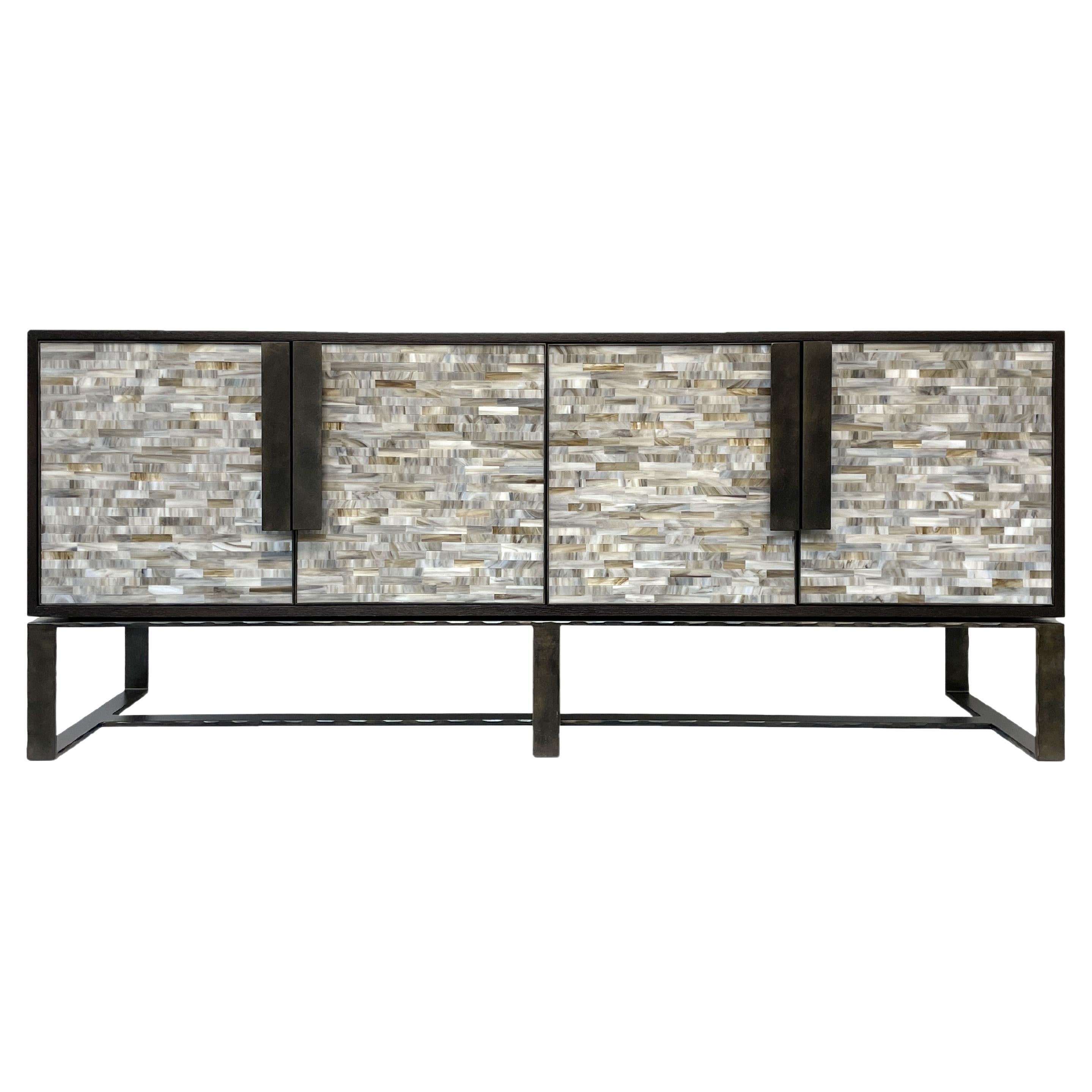 Modern Grey Glass and Wood Media Center with Forged Metal Base by Ercole Home For Sale