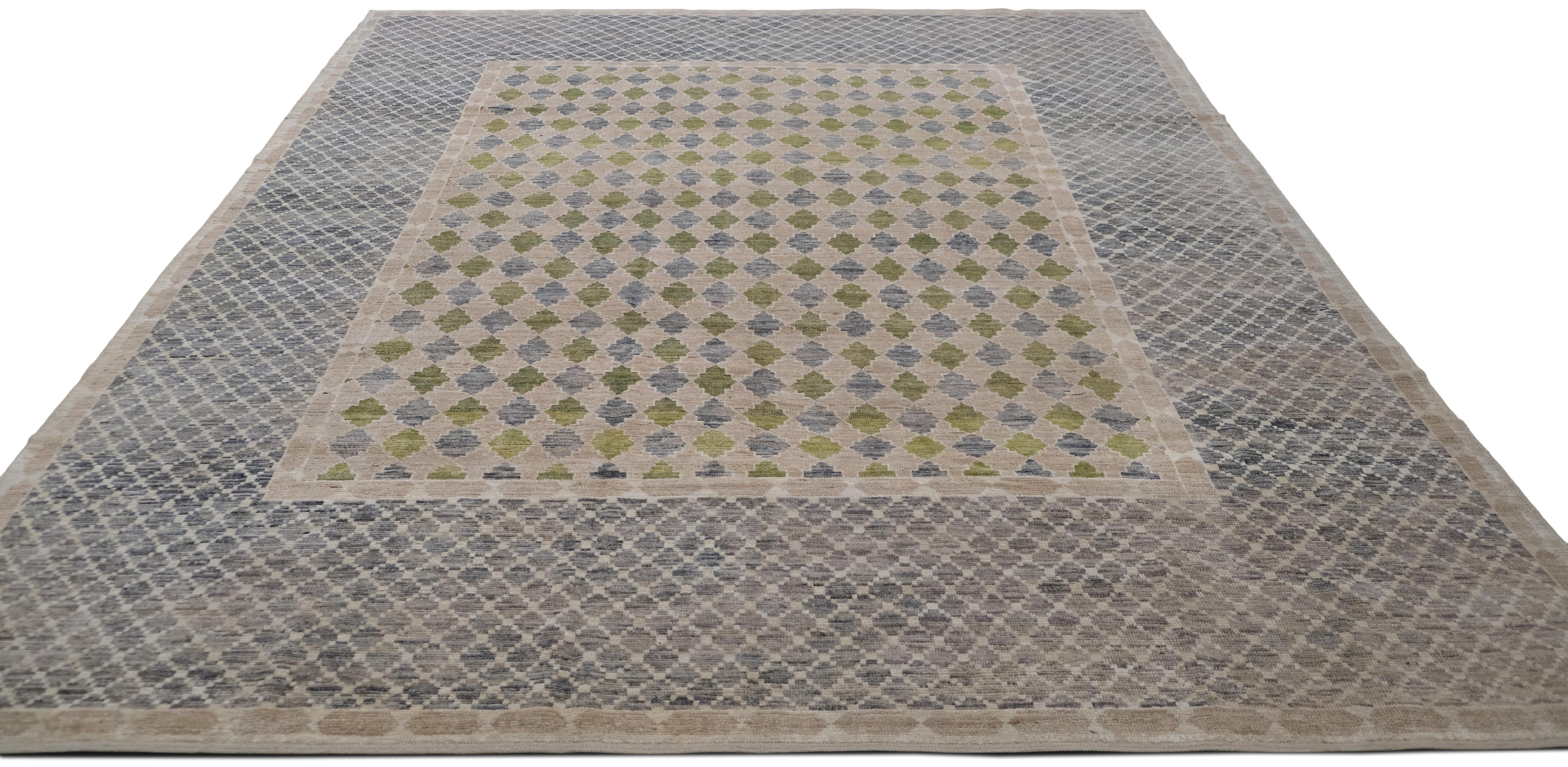 Tapis moderne gris, vert et beige à bordure audacieuse avec motif de diamants 8'4x10' Neuf - En vente à Torrance, CA