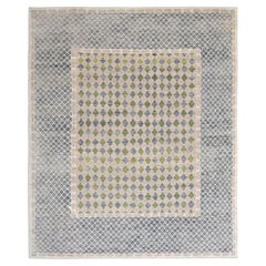 Modern Grey, Green & Beige Bold Border with Diamond PatternWool Rug 8'4x10'