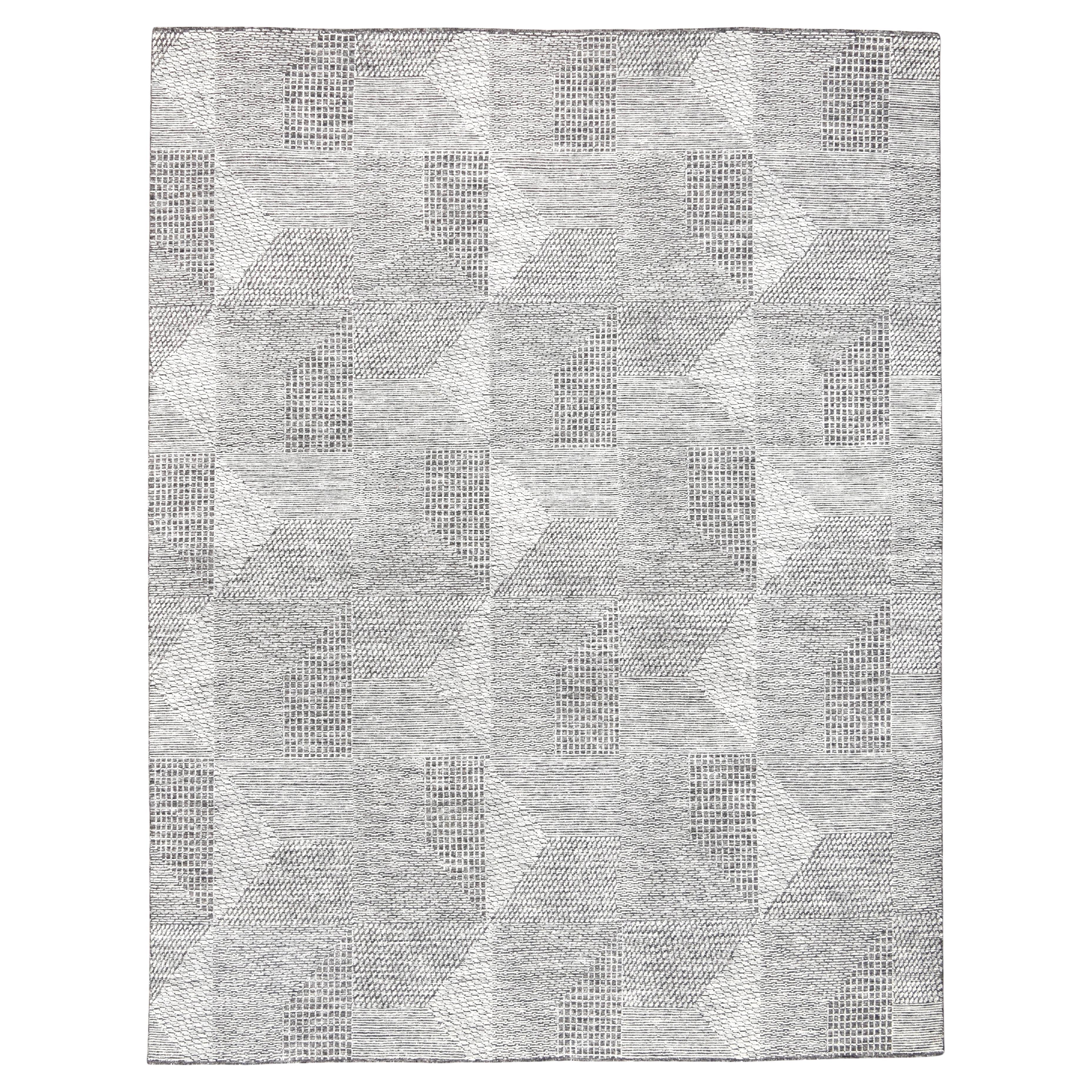 Modern Grau Elfenbein Geometrisch  Wollteppich 12'x15'9''