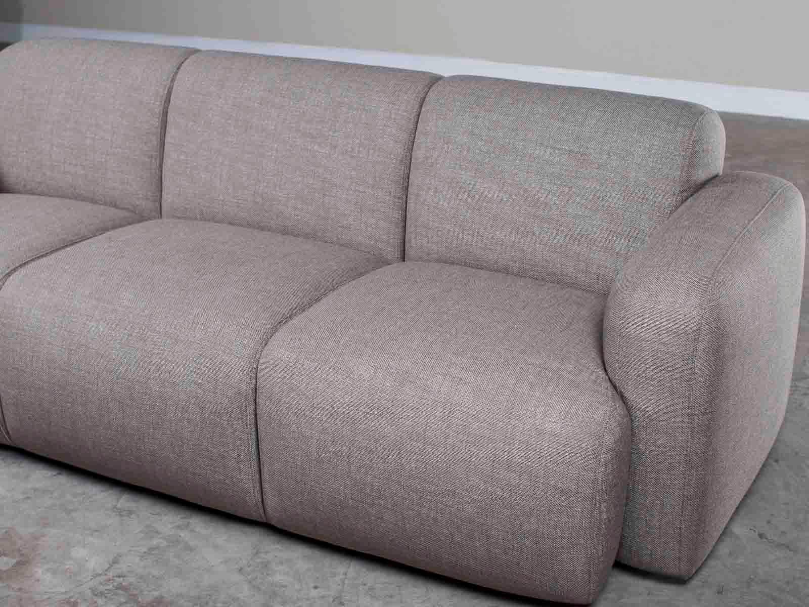 Modern Grey Linen Three-Seat Sofa with Contemporary Rounded Lines Finished Back 7