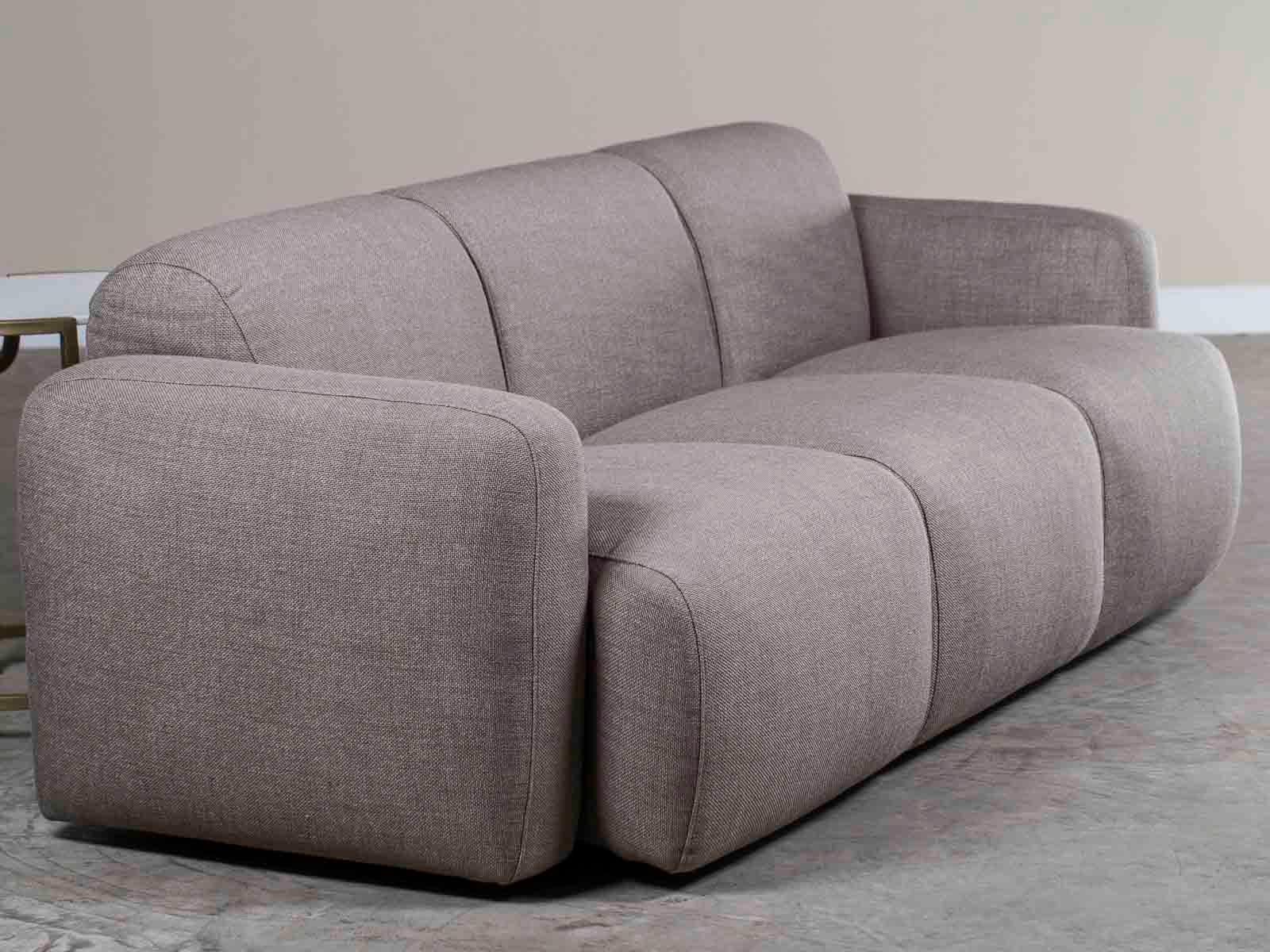 Modern Grey Linen Three-Seat Sofa with Contemporary Rounded Lines Finished Back 8