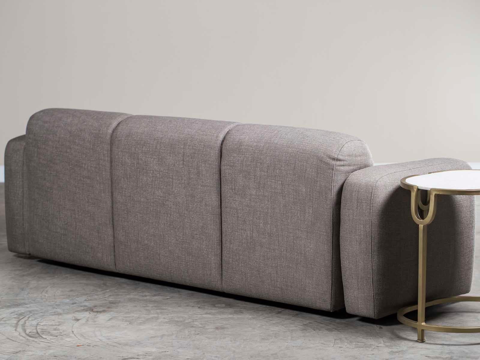 Belgian Modern Grey Linen Three-Seat Sofa with Contemporary Rounded Lines Finished Back