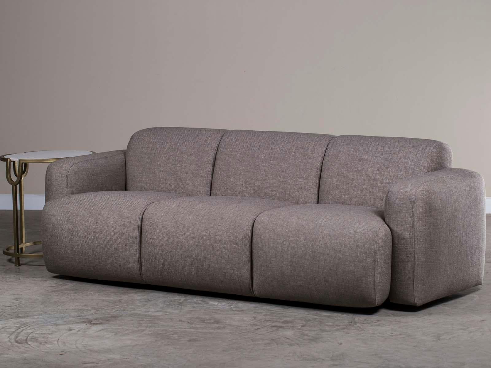Modern Grey Linen Three-Seat Sofa with Contemporary Rounded Lines Finished Back 1