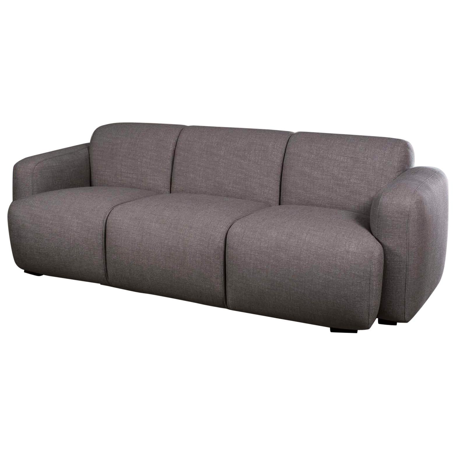 Modern Grey Linen Three-Seat Sofa with Contemporary Rounded Lines Finished Back