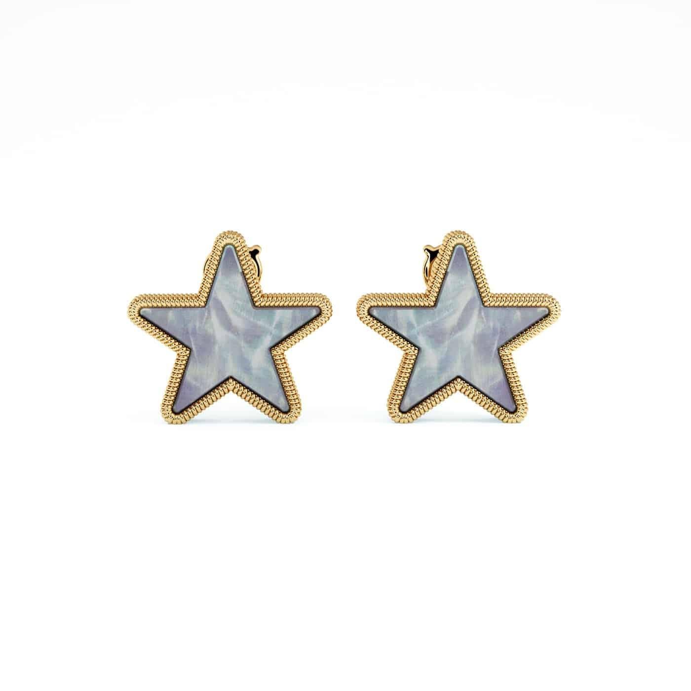Mixed Cut Modern Grey Mother of Pearl Star Earrings Set in 18K Gold For Sale
