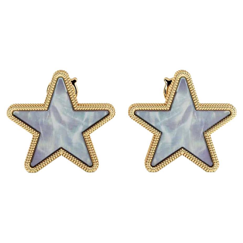 Modern Grey Mother of Pearl Star Earrings Set in 18K Gold For Sale