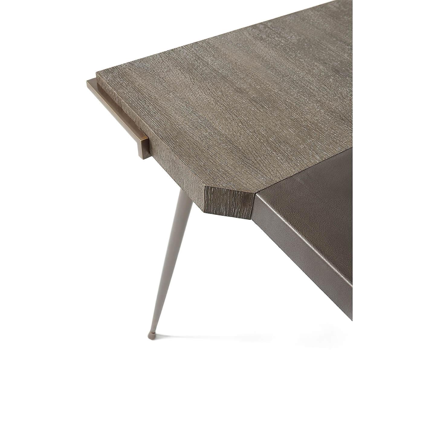 European Modern Grey Oak and Leather Top Desk