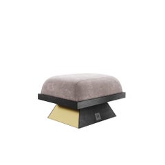 Modern Grey Stool Upholstered in Suede and Wengue Ash Wood Polished Brass