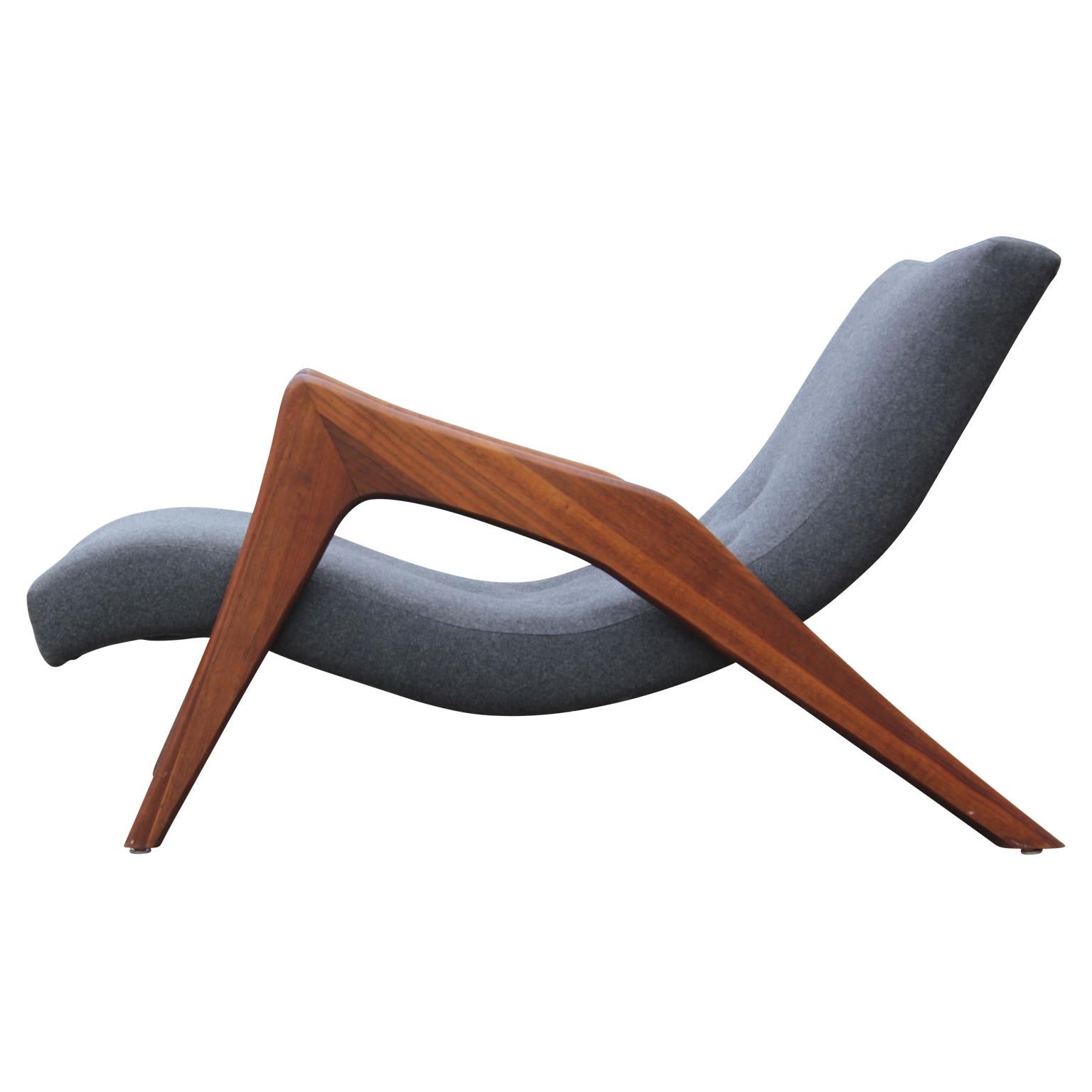 American Modern Grey Wool Adrian Pearsall Walnut Grasshopper Lounge Chair