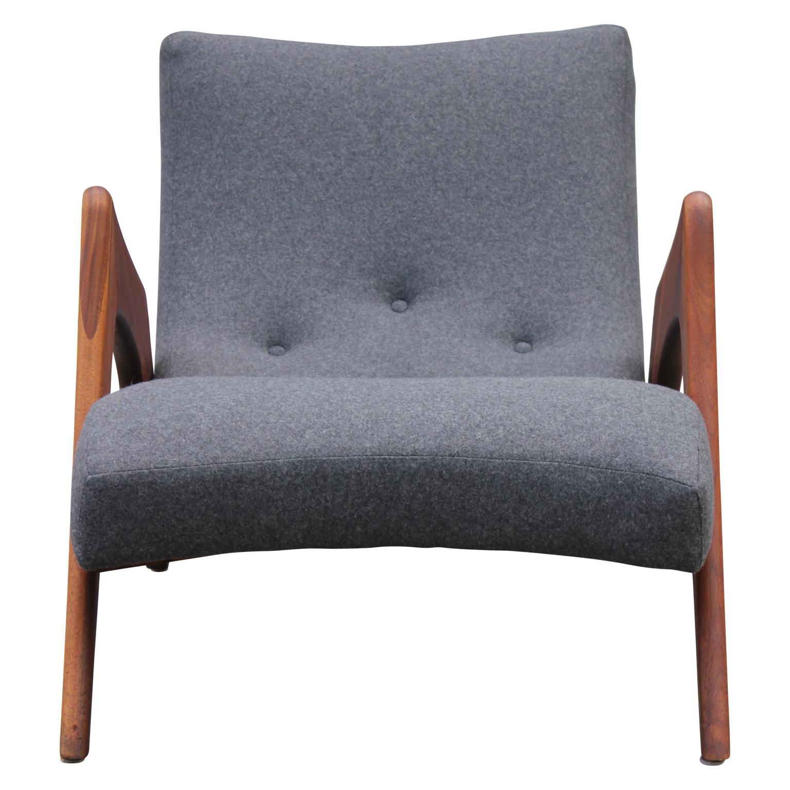 Modern Grey Wool Adrian Pearsall Walnut Grasshopper Lounge Chair In Excellent Condition In Houston, TX
