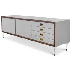 Modern Greystone Lacquered Credenza with Walnut Trim, Brass Pulls & Lucite Legs