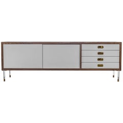 Modern Greystone Lacquered Credenza with Walnut Trim, Brass Pulls & Lucite Legs