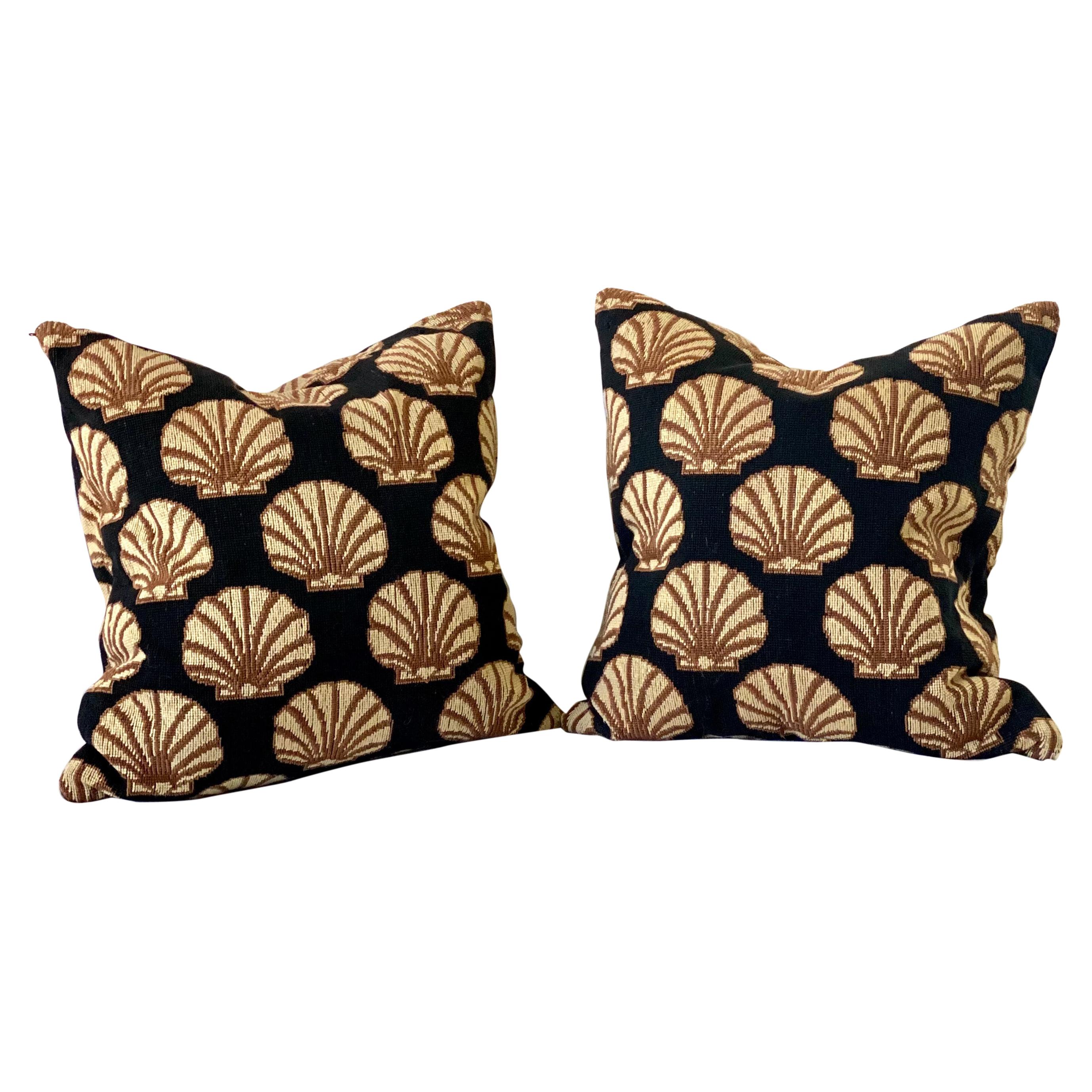 Modern Gros Point Pair of Pillows, in Black with Tan Sea Shell Motive For Sale