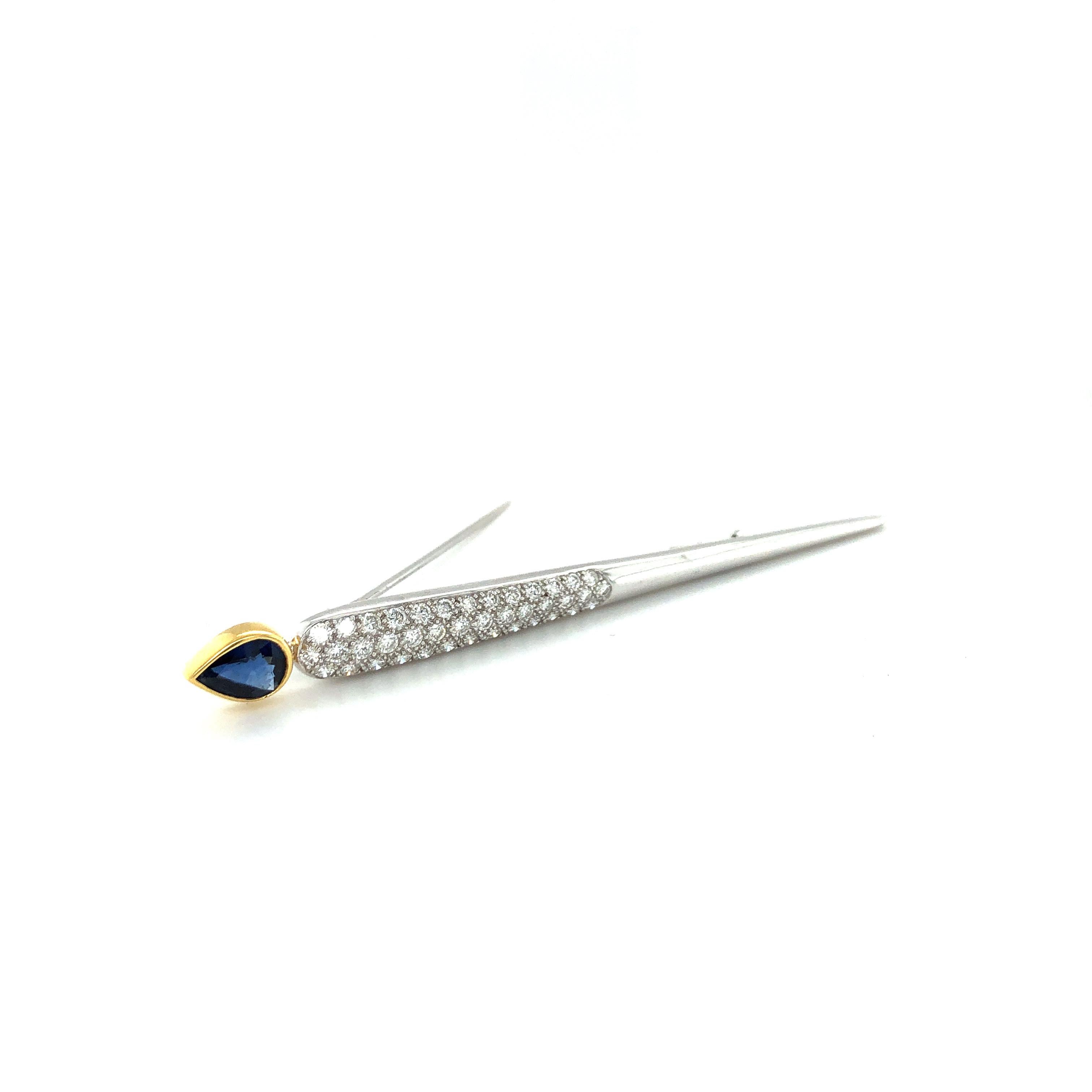 Pear Cut Modern Gübelin Sapphire and Diamond Bar Pin in Gold