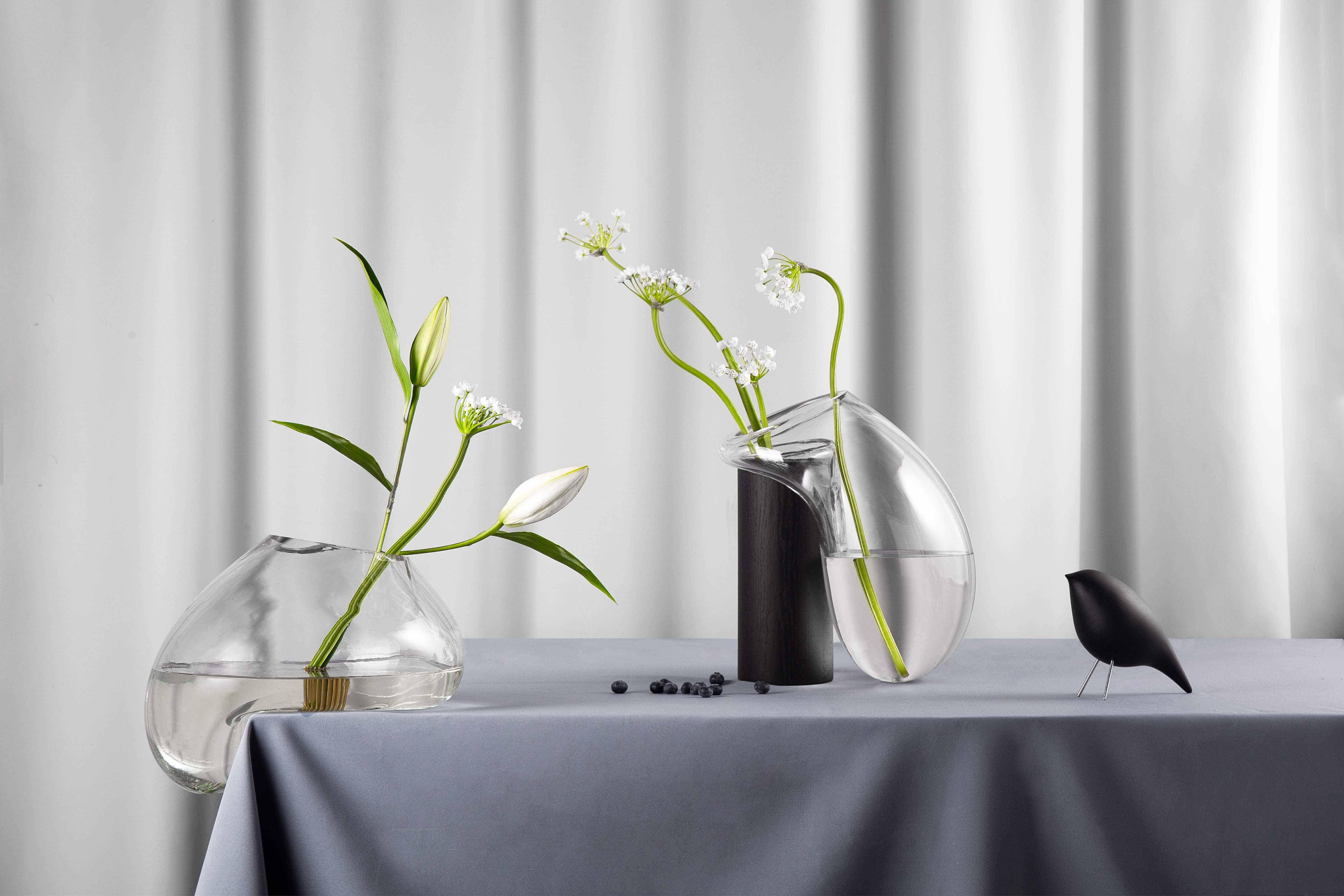 Modern Gutta Boon Vase CS1 by Noom in Blown Transparent Glass and Oak Base 5