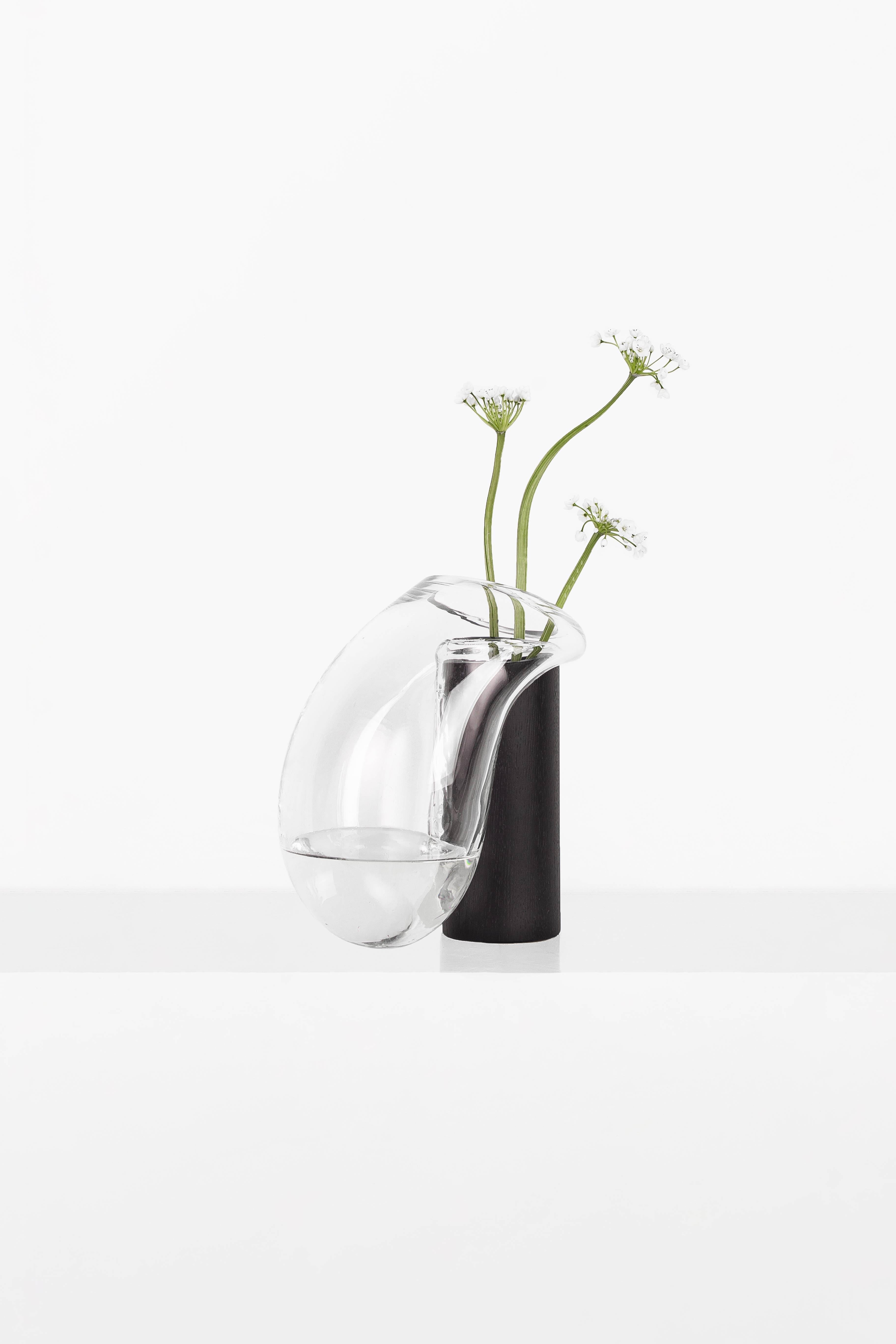 Modern Gutta Boon Vase CS1 by Noom in Blown Transparent Glass and Oak Base 6